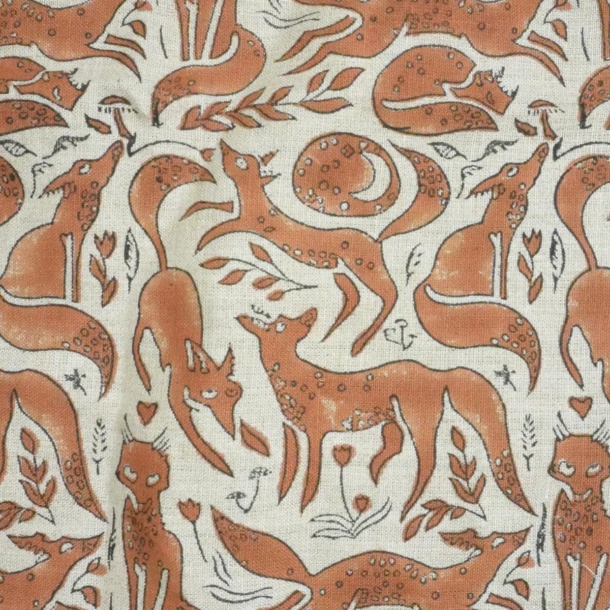 Handcrafted Indian Block Printed Premium Pure Linen Brown and Pastel Gray Animal 58" Wide Fabric – Gehravan