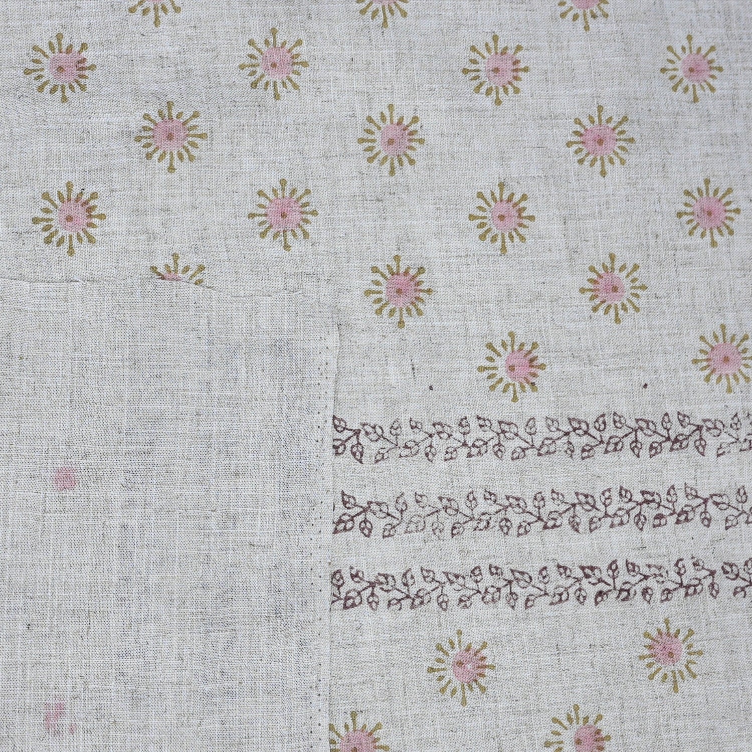 Handmade Pink Floral Viscose Linen Fabric for Cushions & Curtains - Happy Bloom Border 