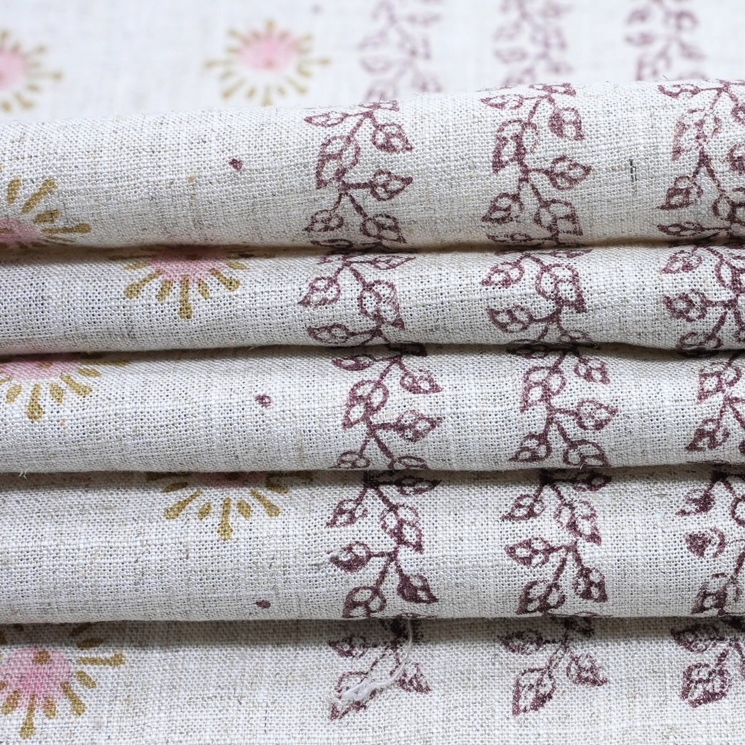 Handmade Pink Floral Viscose Linen Fabric for Cushions & Curtains - Happy Bloom Border 