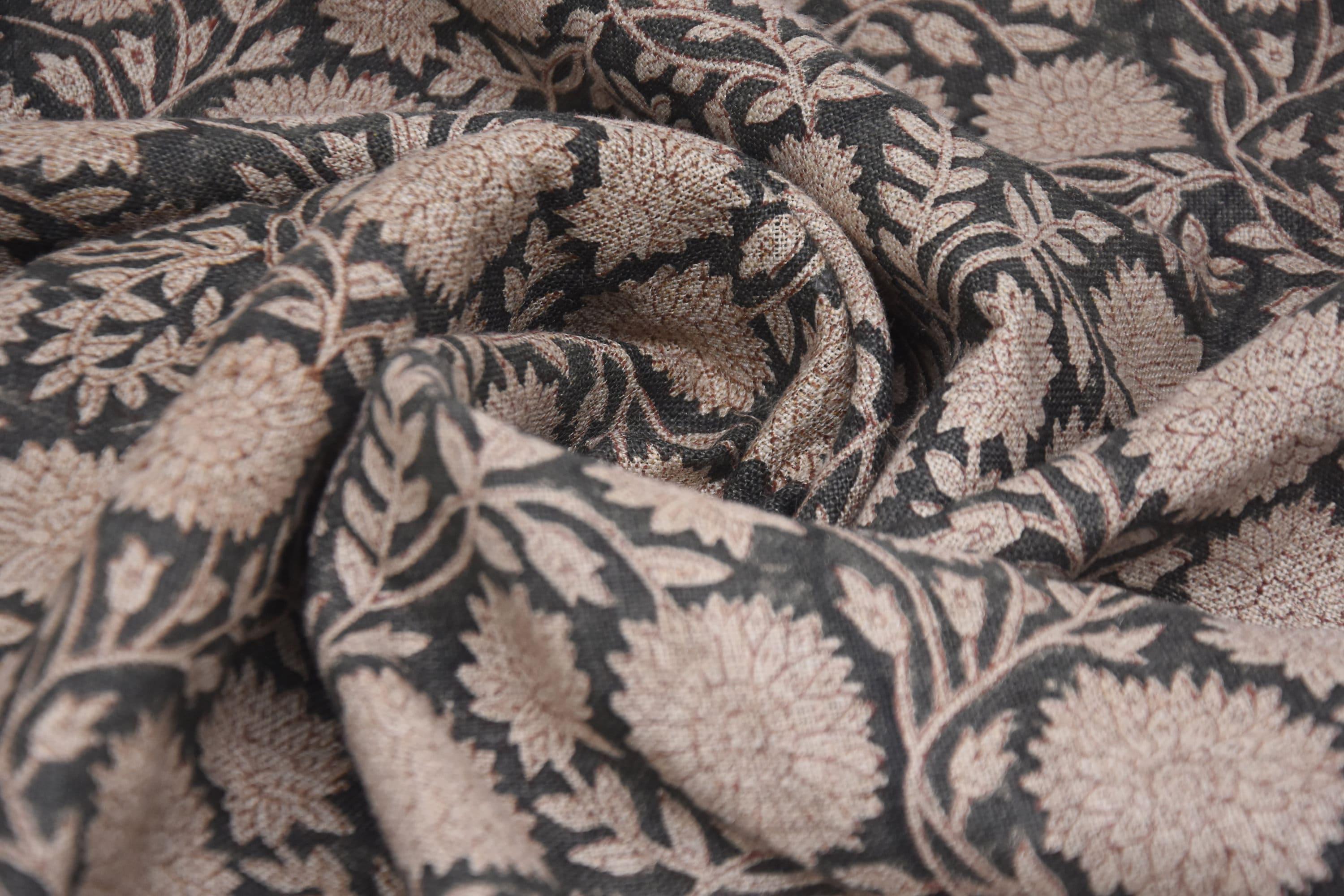 Linen Block Print Fabric 58 Inch Width Heavy Linen Natural Base Color Creative Handcrafted Floral Design To Make Curtains and Drapes Upholstery  Tablecloths and Runners Bedding Tote Bag by Fabritual