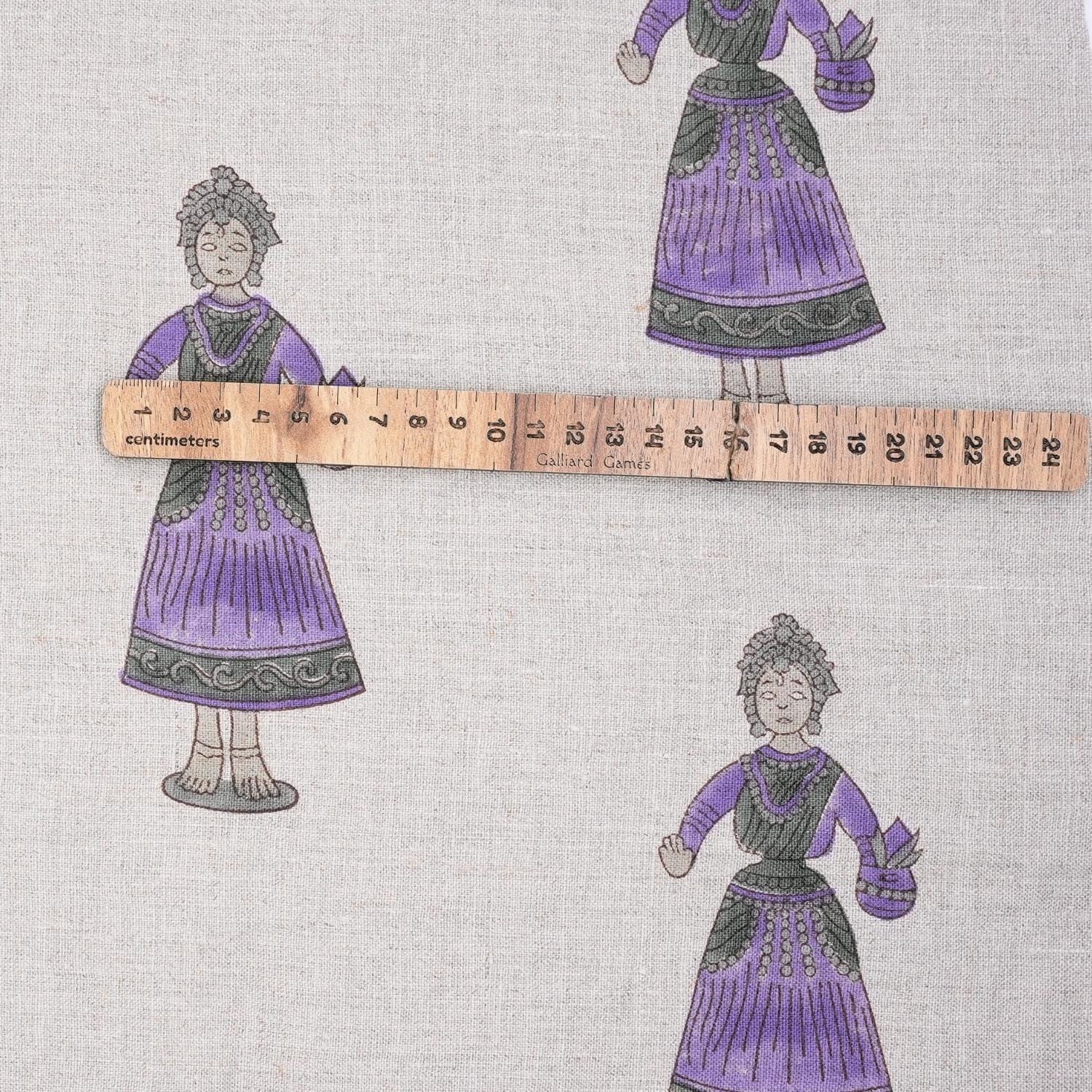 Handmade Art Block Print Decorative Katputli in Purple and Gray on Pure Linen Fabric for Cushion Cover