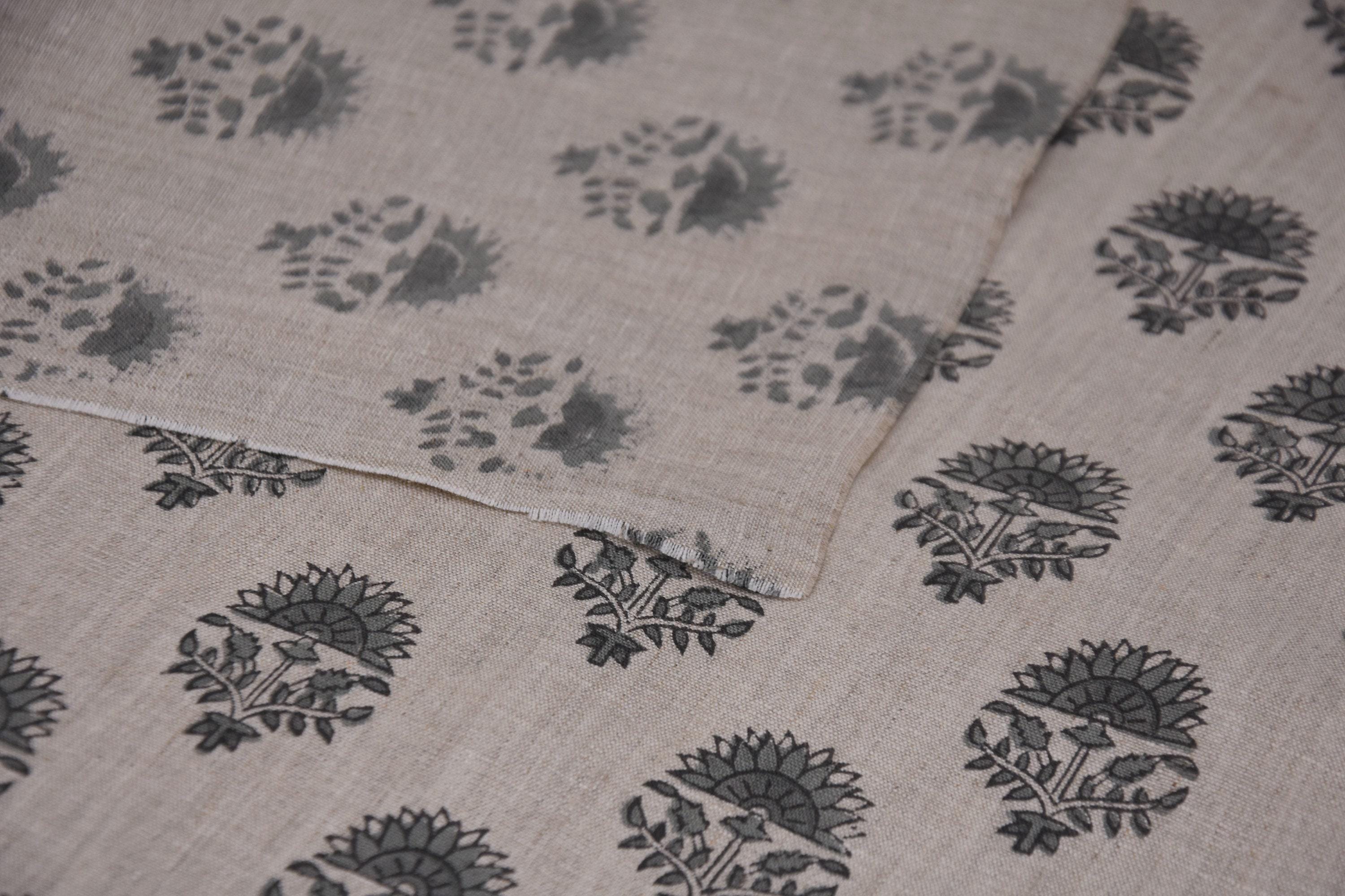 Indian Gray Floral Handmade Artisan Block Printed 100% Pure Linen 58" Wide Fabric for Napkins – Indrajeet