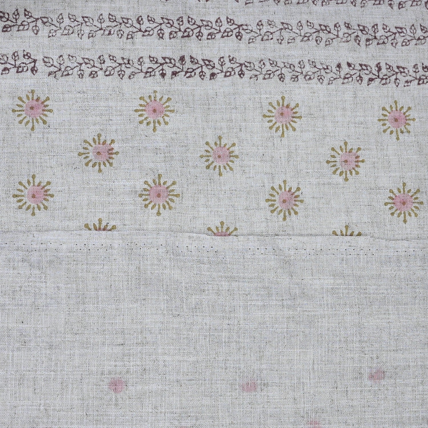 Handmade Pink Floral Viscose Linen Fabric for Cushions & Curtains - Happy Bloom Border 