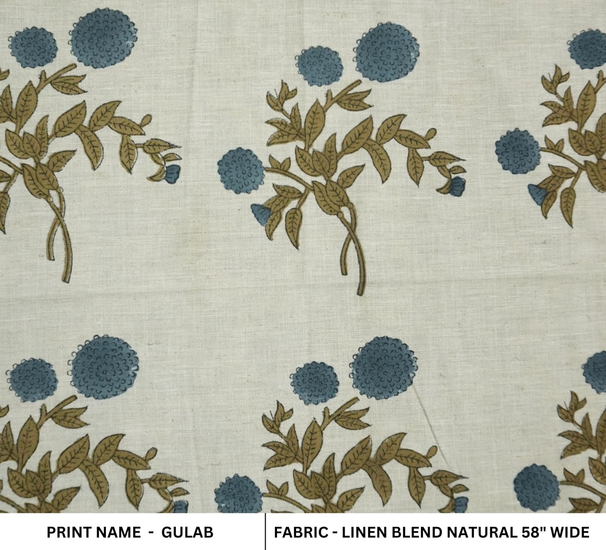 Linen Block Print Fabric Linen Blend 58 Inch Width Light Weight Linen Natural Base Color Curtains and Drapes Upholstery Handmade Art Pillow Covers Tablecloths and Runners Bedding Tote Bag Lampshades Napkins by Fabritual