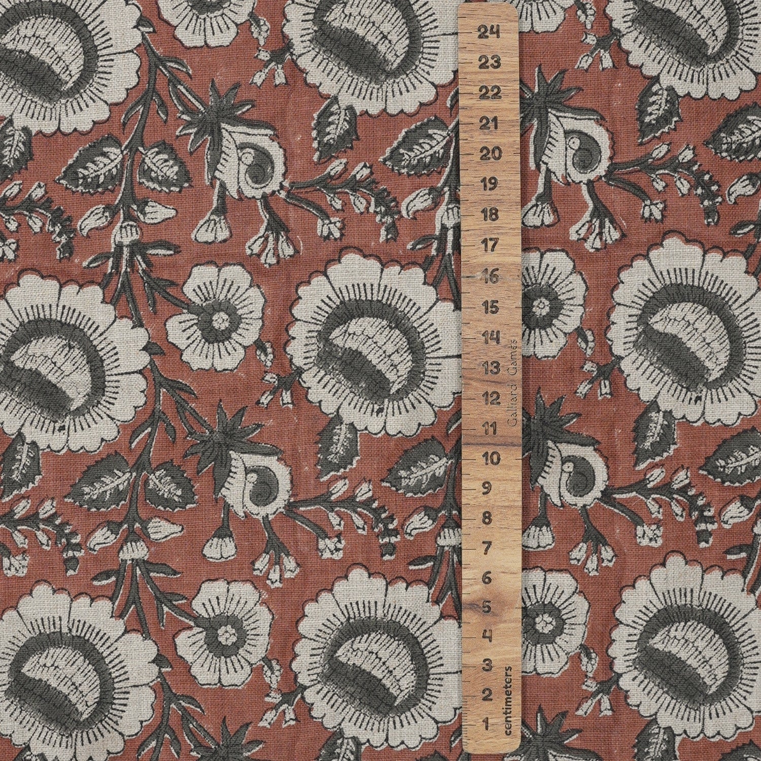 Handcrafted Elegant Red Floral Pure Linen Fabric Sustainable & Soft Sunflower Design