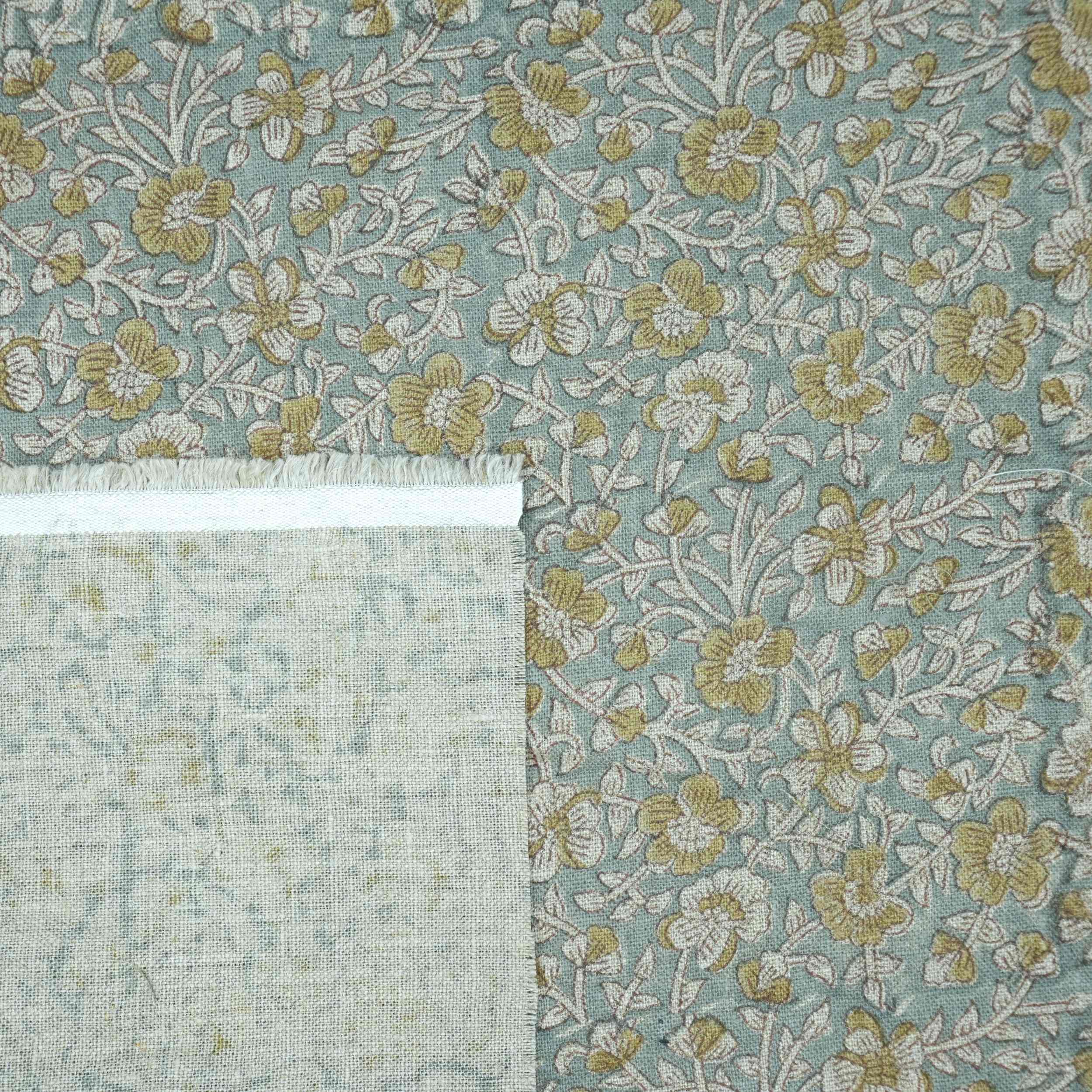 Hand Printed Mustard Floral Pure Linen Cushion Fabric - Jhilmil