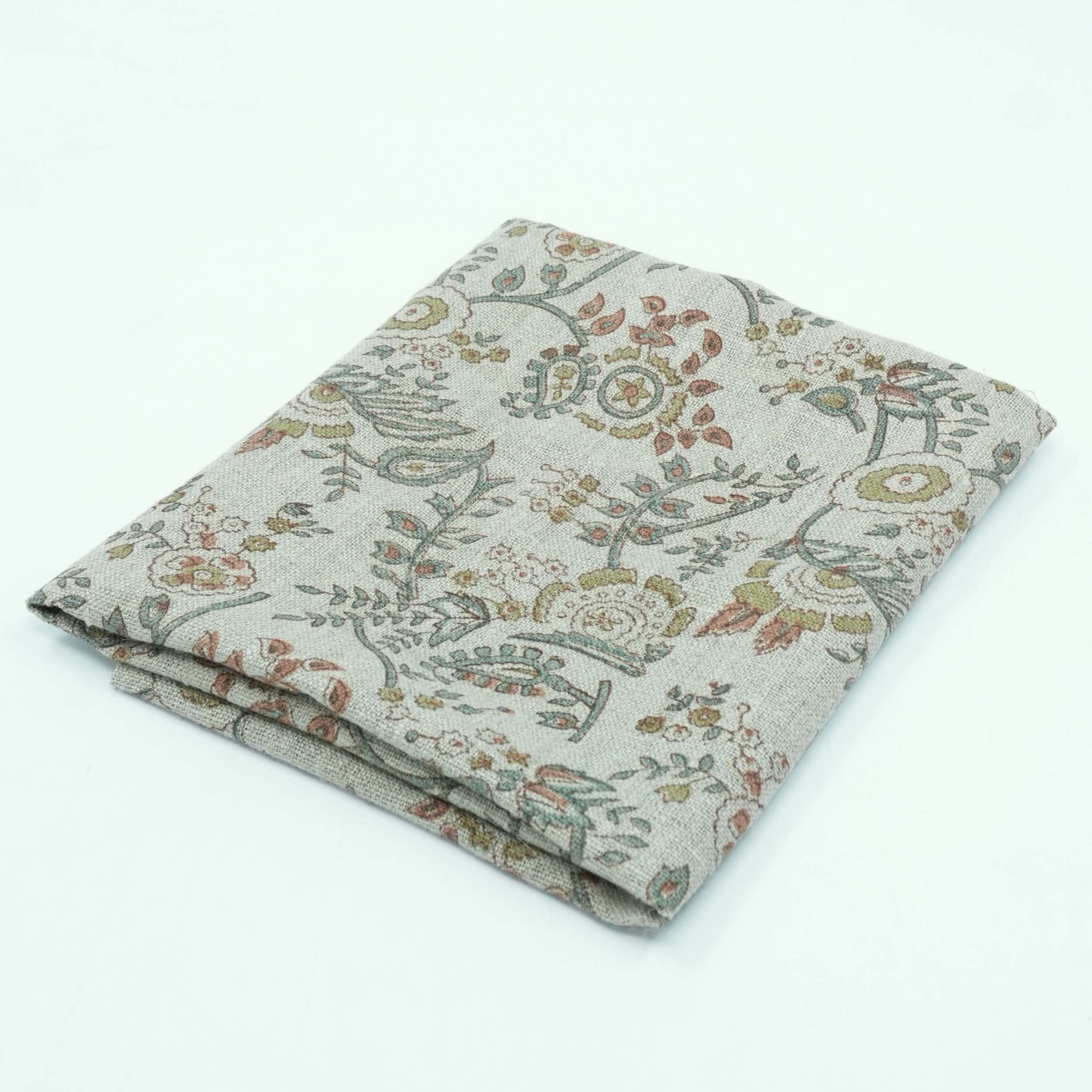 Blue Brown Floral Hand Block Print Linen Arpan Fabric