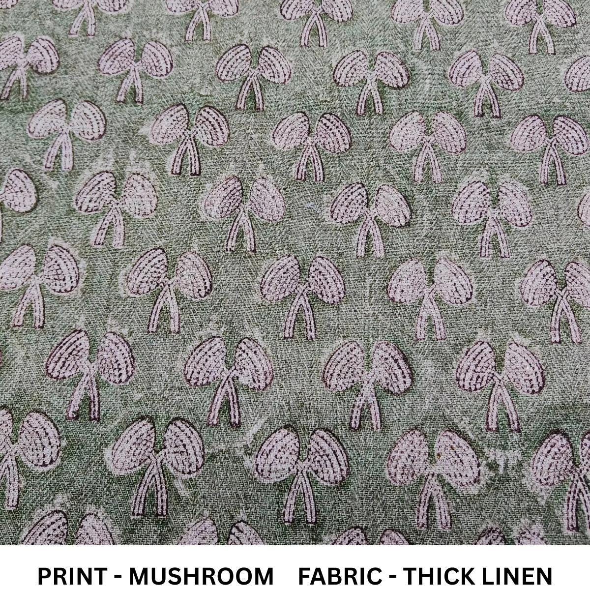 Indian Mushroom Light Pink and Green Floral Cushion Fabric on Thick Linen for Living Room Decor