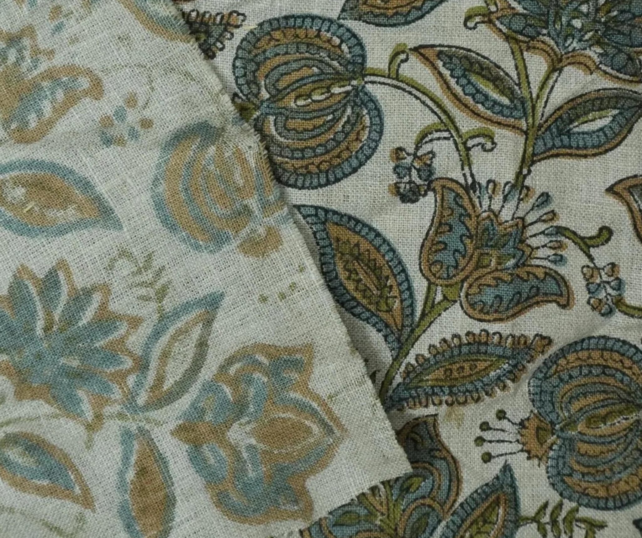 Linen Block Print Fabric 58 Inch Width Medium Weight Linen Natural Base Color Curtains and Drapes Upholstery Handmade Art Pillow Covers Tablecloths and Runners Lampshades Napkins by Fabritual