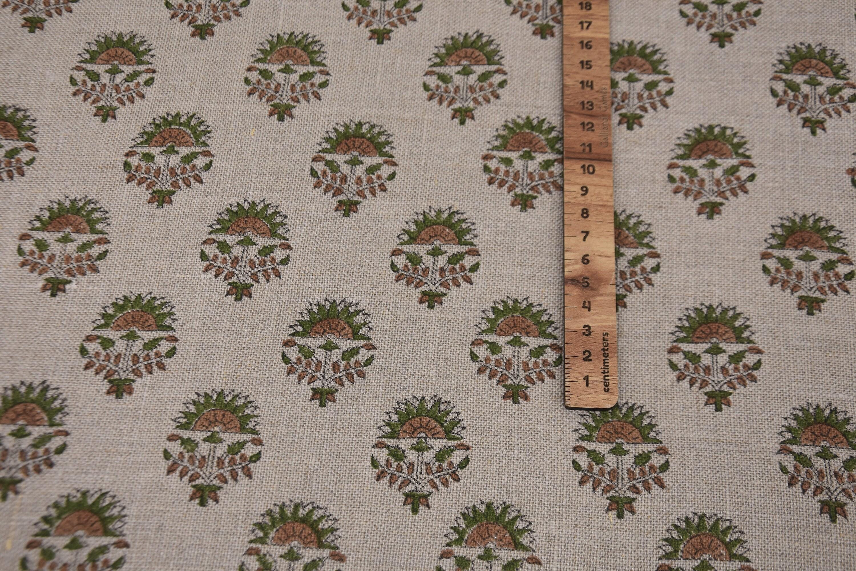 Linen Block Print Fabric 58&quot; Width Heavy Linen Natural Base Color Curtains and Drapes Upholstery Pillow Covers Tablecloths and Runners  by Fabritual