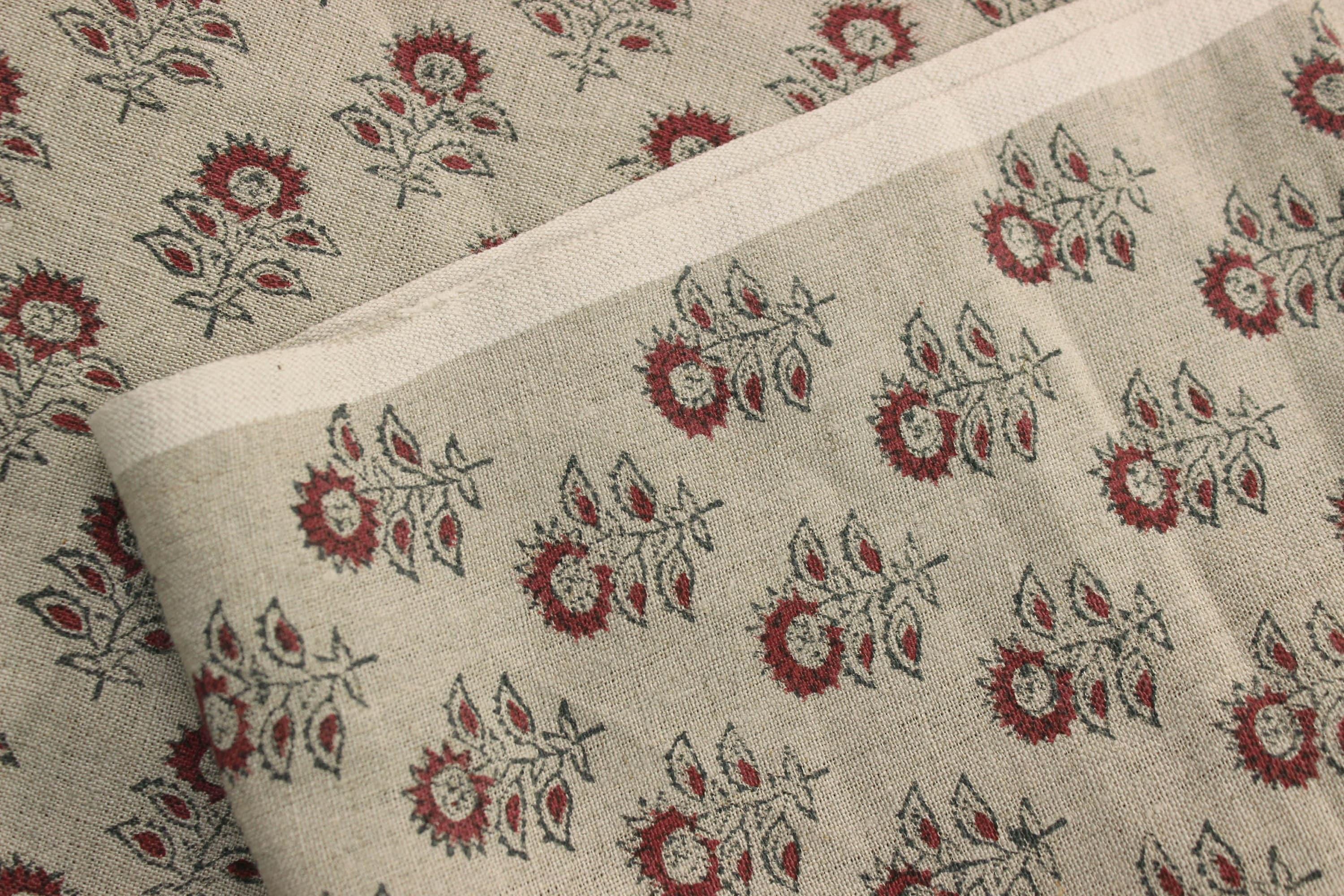 Linen Block Print Fabric 58&quot; Width Heavy Linen Natural Base Color Curtains and Drapes Upholstery Pillow Covers Tablecloths and Runners Bedding Tote Bag by Fabritual