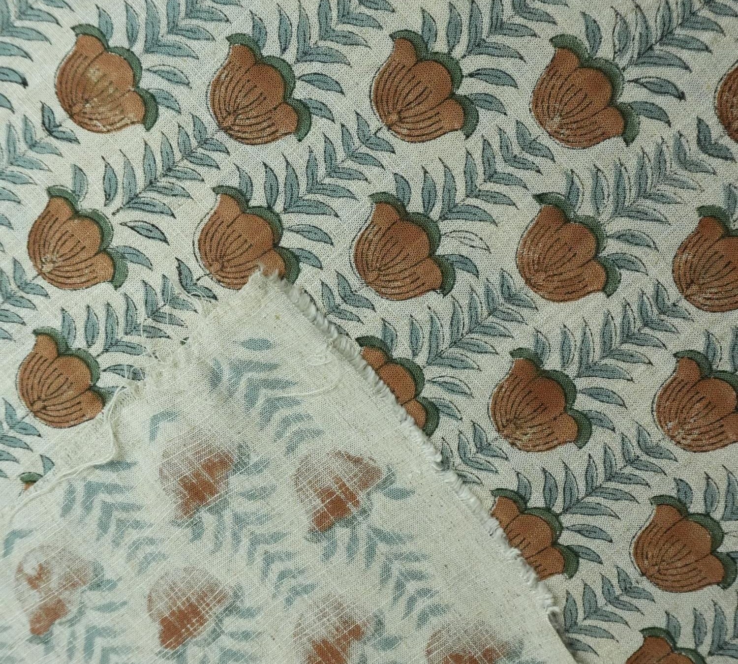 Block Print Fabric 58 Inch Width Light Weight Viscose Linen Natural Base Color and Floral Print Curtains and Drapes Pillow Covers Tablecloths and Runners Bedding Tote Bag Napkins by Fabritual