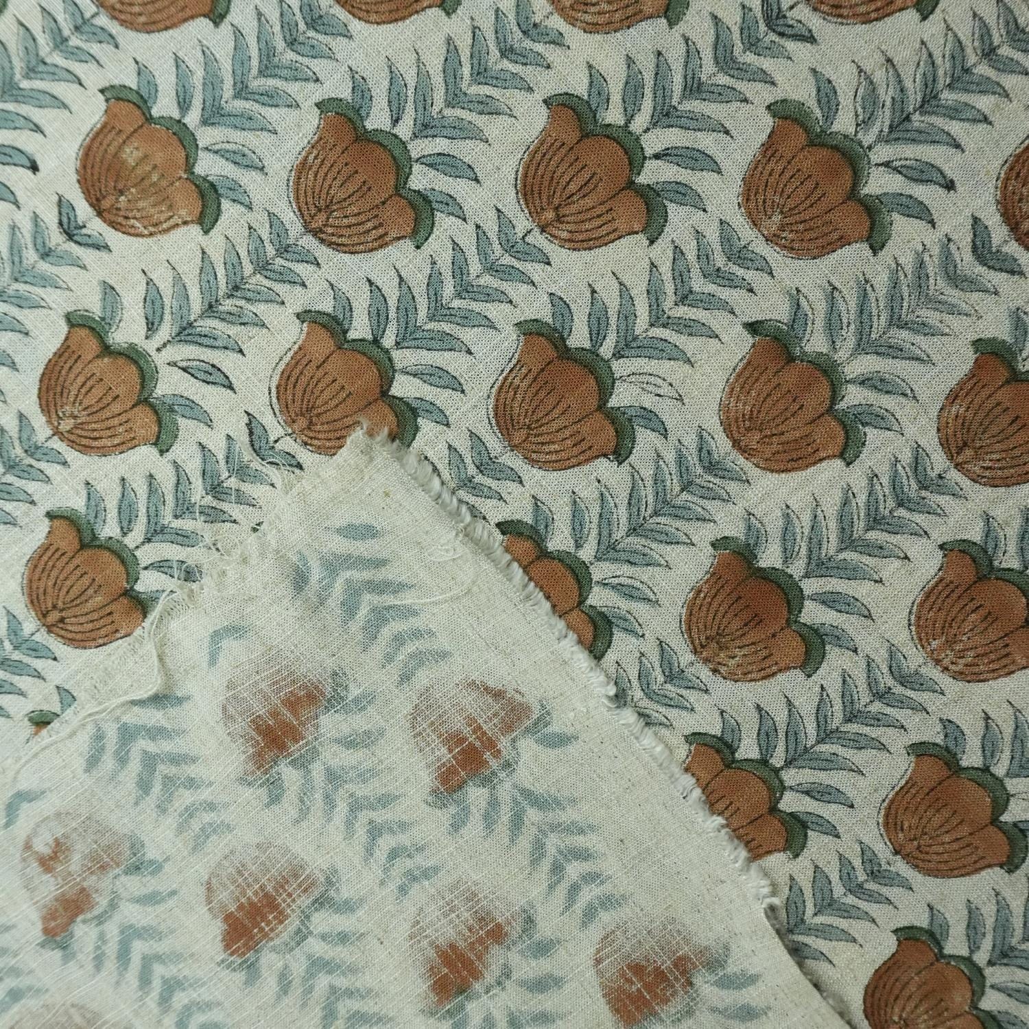 Block Print Fabric 58 Inch Width Light Weight Viscose Linen Natural Base Color and Floral Print Curtains and Drapes Pillow Covers Tablecloths and Runners Bedding Tote Bag Napkins by Fabritual