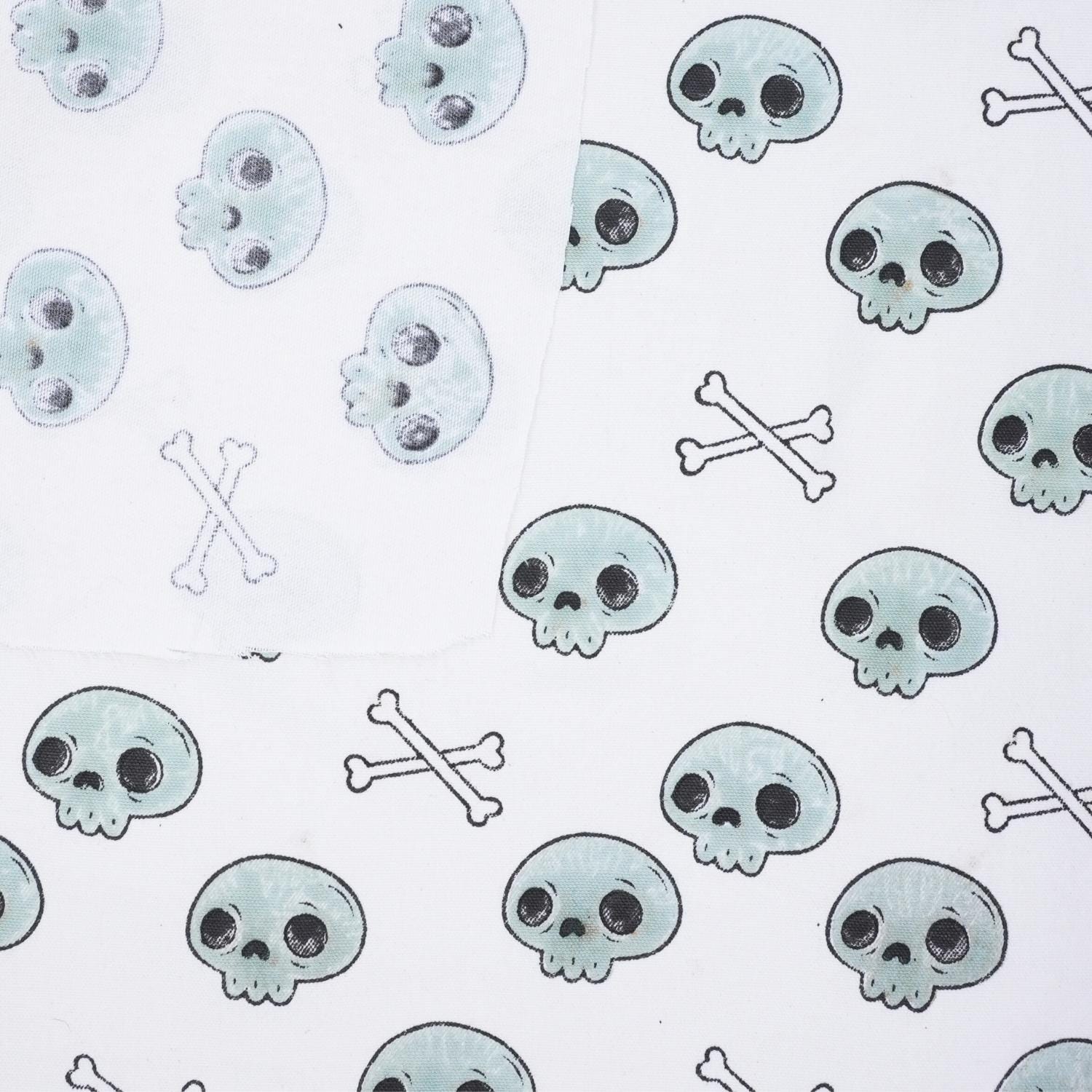 Indian Art Skeleton Print in Blue and Black Handmade Thick Cotton White Halloween Fabric for Table Cover