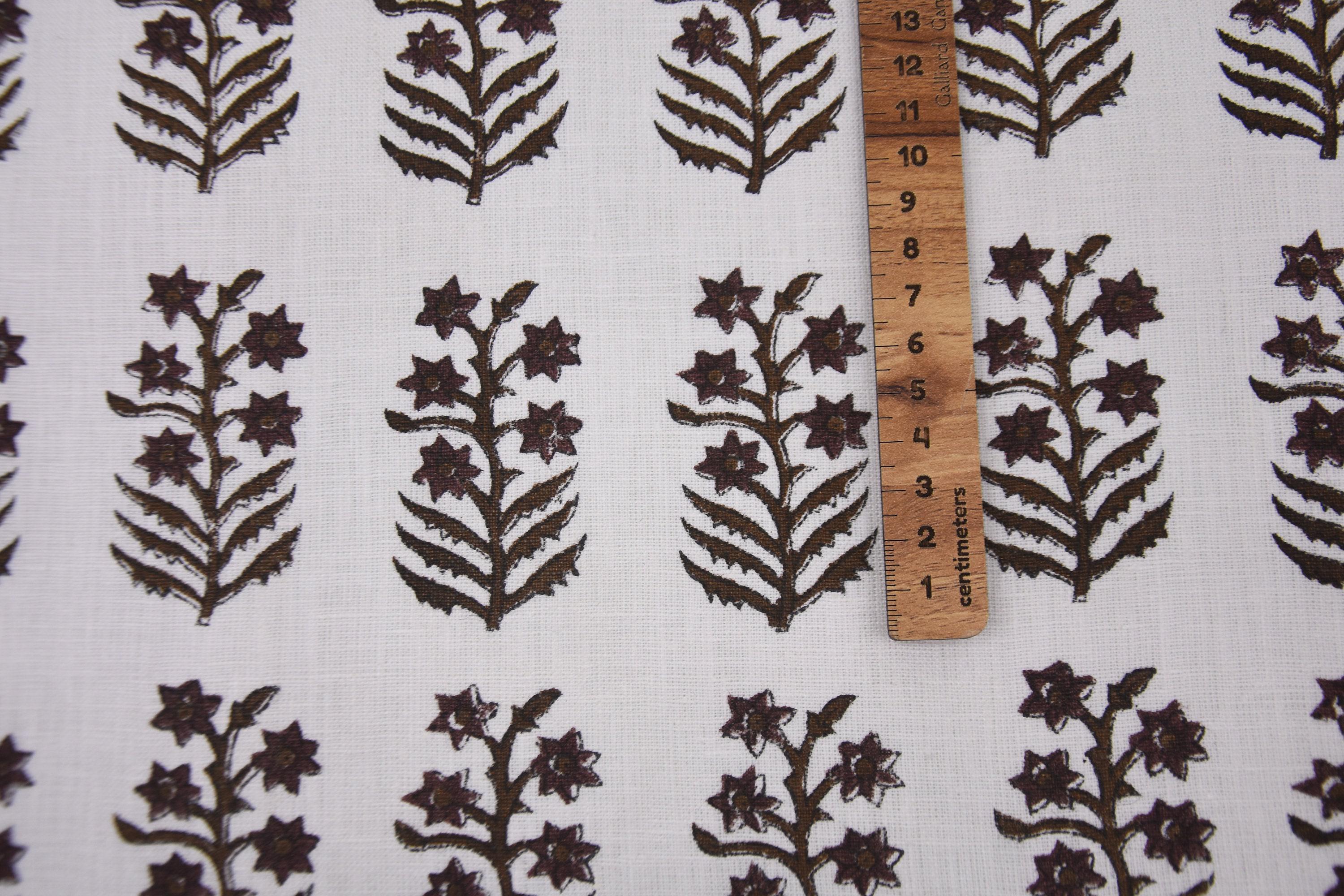 Block Printed Pure White Linen Decorative Black and Silver Floral Fabric for Window Blinds - Inderdhanush