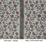 Traditional Block Printed Premium Pure Linen Brown and Blue Floral Fabric for Napkins & Curtains - VARANASI
