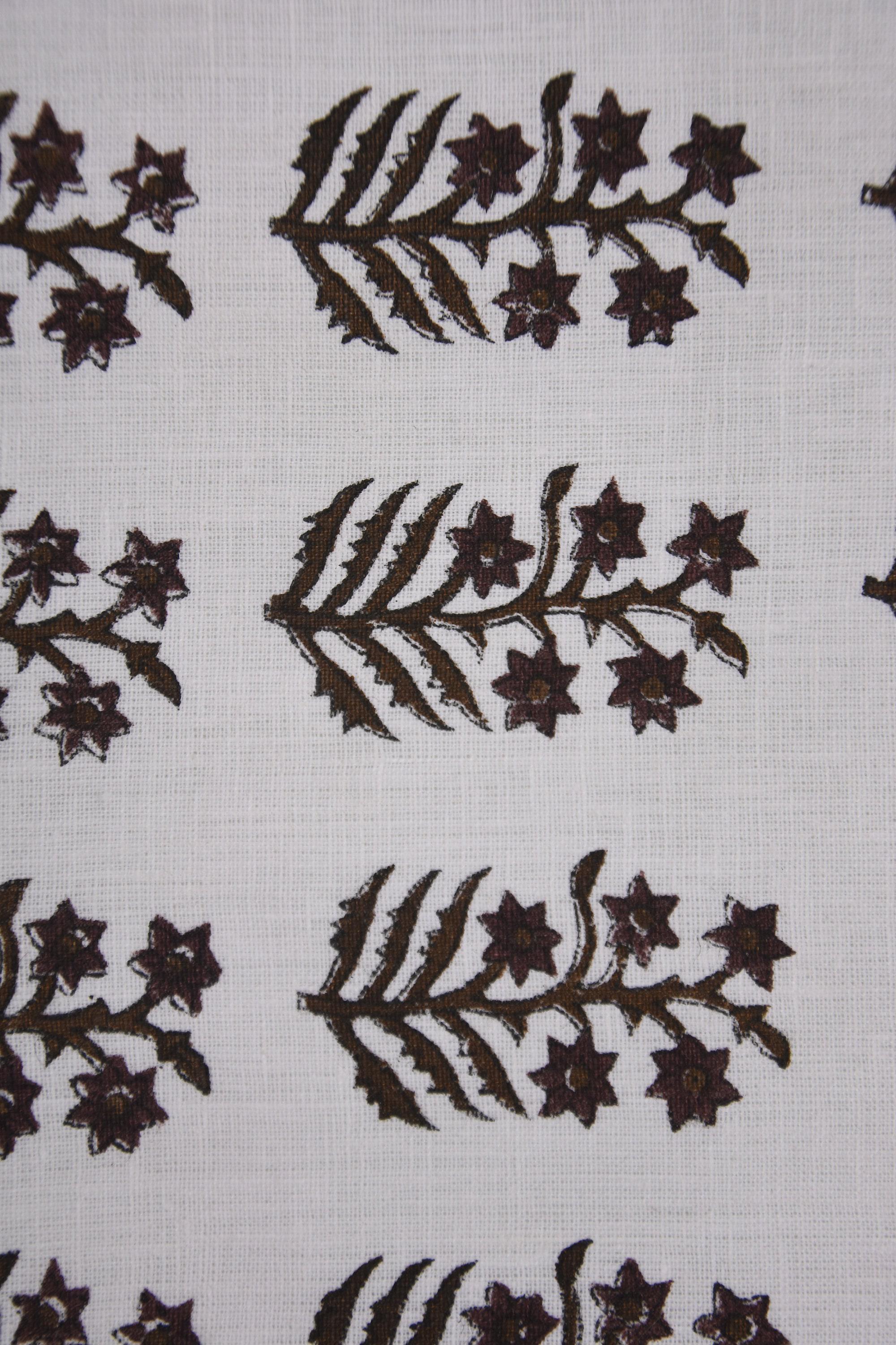 Block Printed Pure White Linen Decorative Black and Silver Floral Fabric for Window Blinds - Inderdhanush