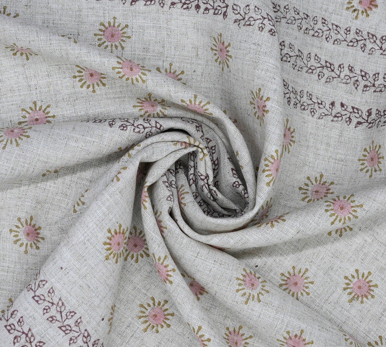 Handmade Pink Floral Viscose Linen Fabric for Cushions & Curtains - Happy Bloom Border 