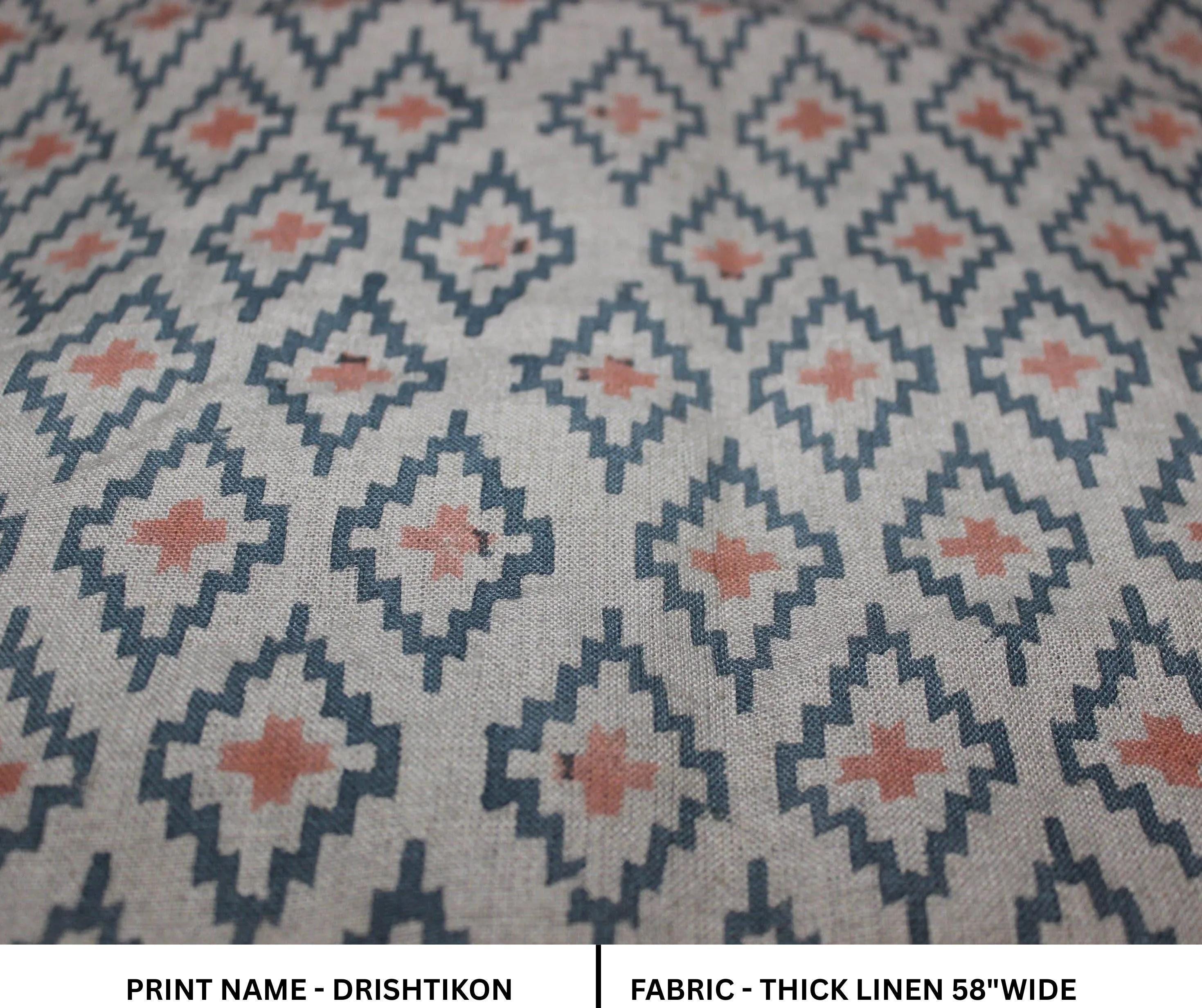 Linen Block Print Fabric 58 Inch Width Heavy Weight Linen Natural Base Color Curtains and Drapes Upholstery Handmade Art Pillow Covers Tablecloths and Runners Bedding Tote Bag Lampshades Napkins by Fabritual