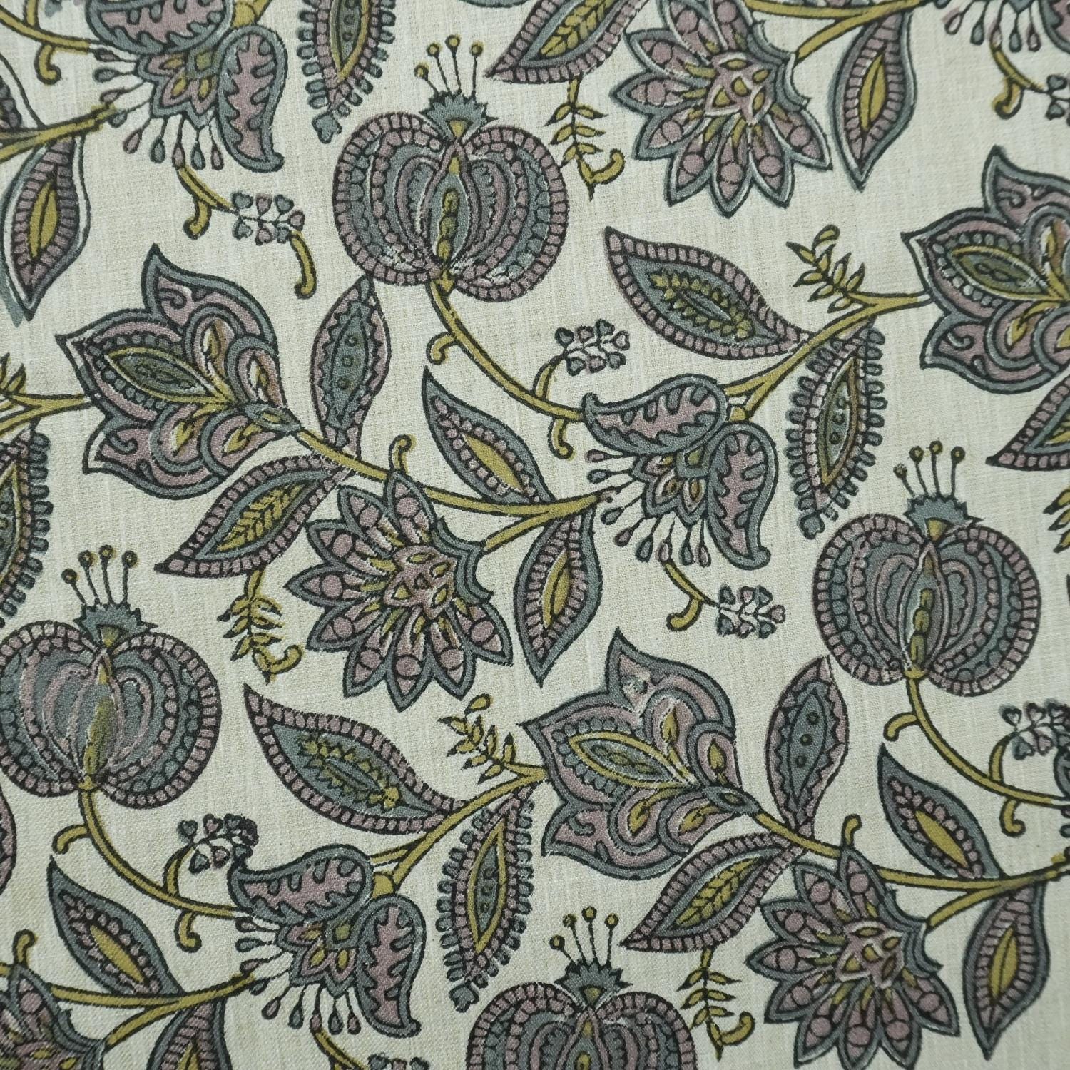 LINEN HAND BLOCK PRINT FLORAL HANDMADE LINEN BY THE YARD DRAPERY LINEN BLEND NATURAL - CUSTARD APPLE