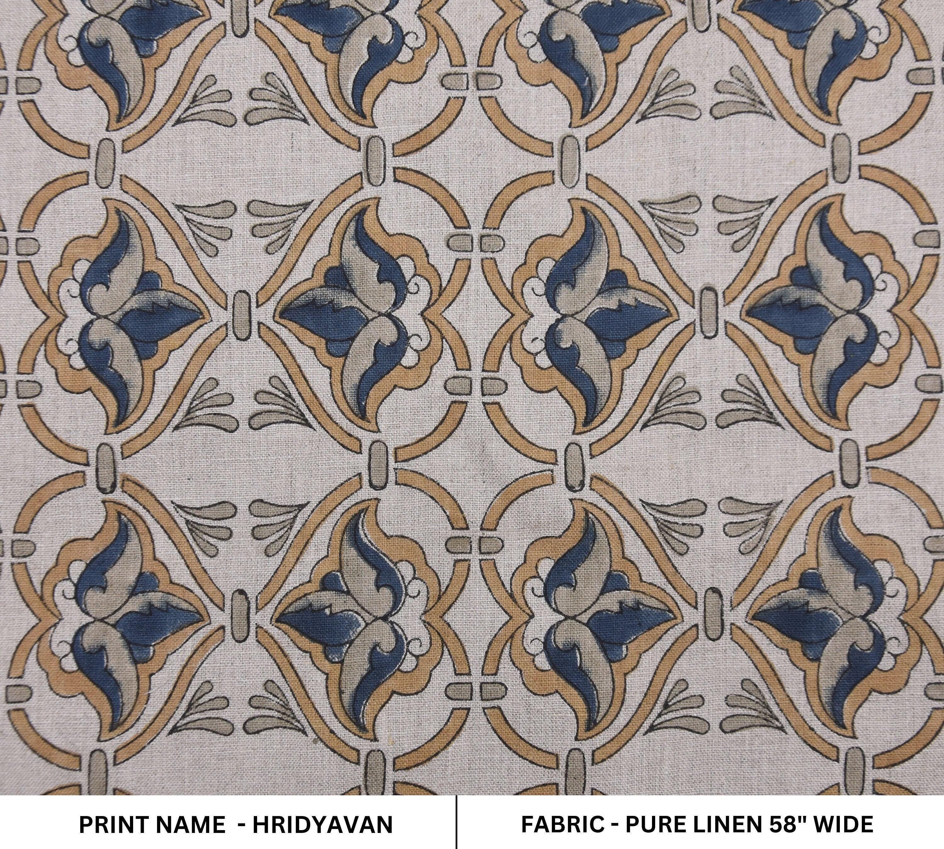 Linen Block Print Fabric 58 Inch Width Medium Weight Linen Natural Base Color Curtains and Drapes Upholstery Handmade Art Pillow Covers Tablecloths and Runners Bedding Tote Bag Lampshades Napkins by Fabritual