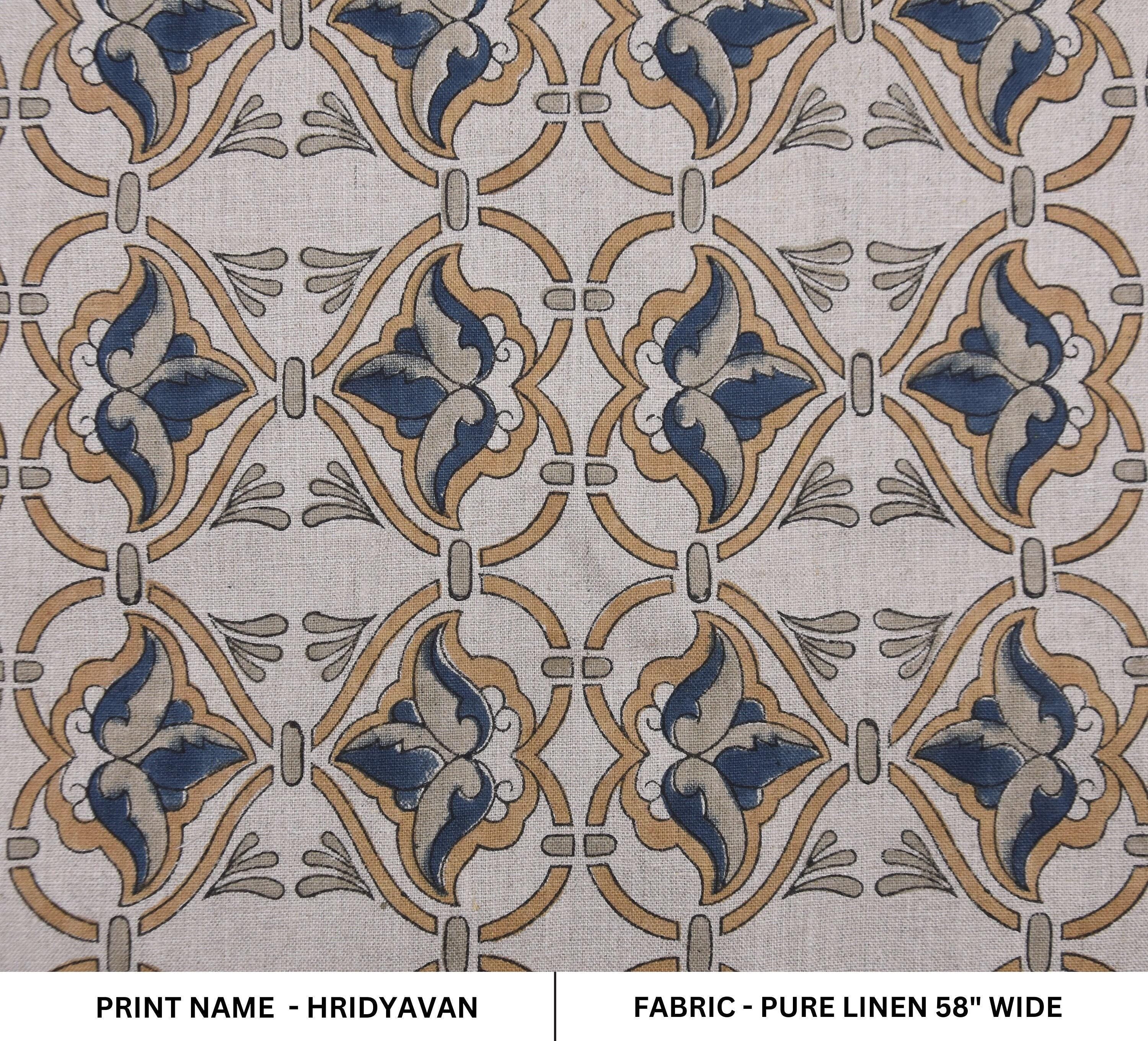 Linen Block Print Fabric 58 Inch Width Medium Weight Linen Natural Base Color Curtains and Drapes Upholstery Handmade Art Pillow Covers Tablecloths and Runners Bedding Tote Bag Lampshades Napkins by Fabritual