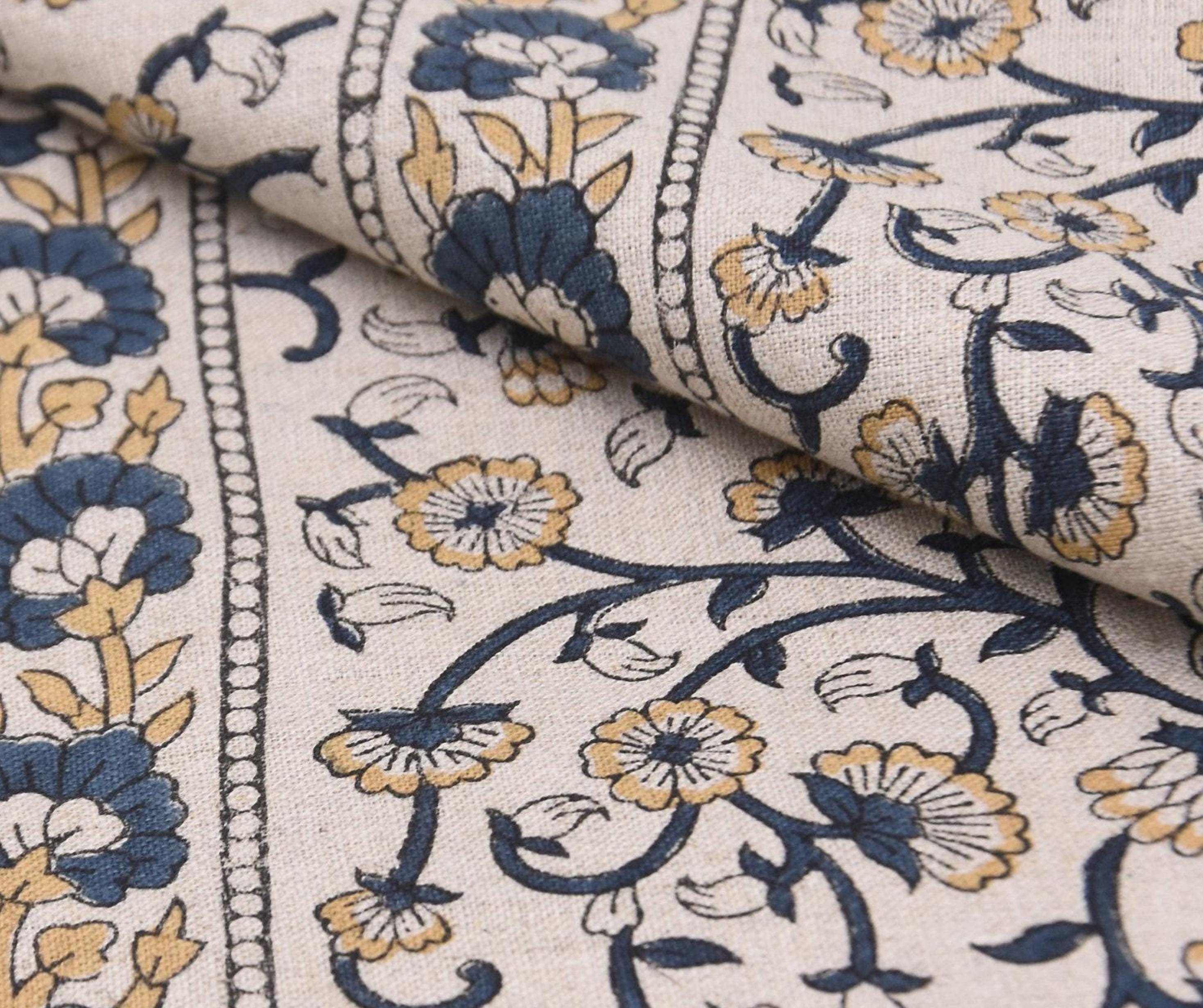 Linen Block Print Fabric 58&quot; Width Medium Weight Linen Natural Base Color Curtains and Drapes Upholstery  Tablecloths and Runners Bedding Tote Bag Lampshades Napkins by Fabritual