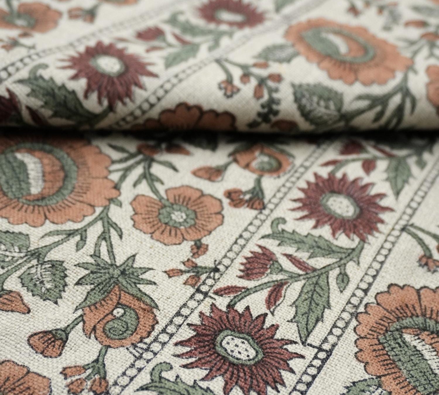 Linen Block Print Fabric 58 Inch Width Heavy Weight Linen Natural Base Color Curtains and Drapes Handmade Art Pillow Covers Tablecloths and Runners Bedding Tote Bag Lampshades Napkins by Fabritual