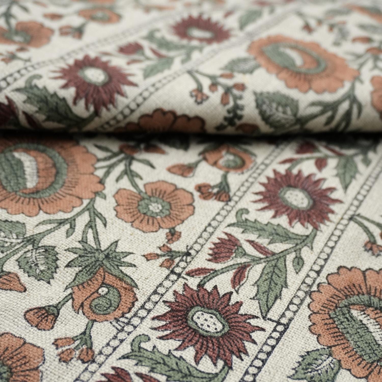 Linen Block Print Fabric 58 Inch Width Heavy Weight Linen Natural Base Color Curtains and Drapes Handmade Art Pillow Covers Tablecloths and Runners Bedding Tote Bag Lampshades Napkins by Fabritual