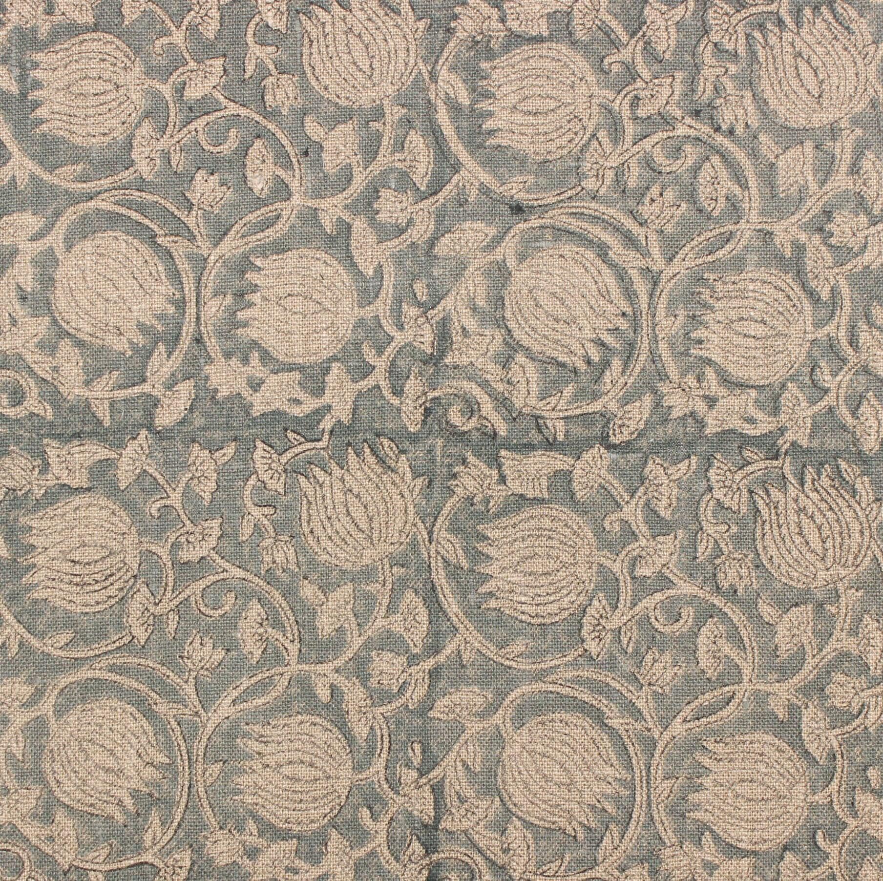 Handmade Artisan Block Printed Thick Linen Beige and Gray Floral 58" Wide Fabric For Tablecloths – Kamal Jaal
