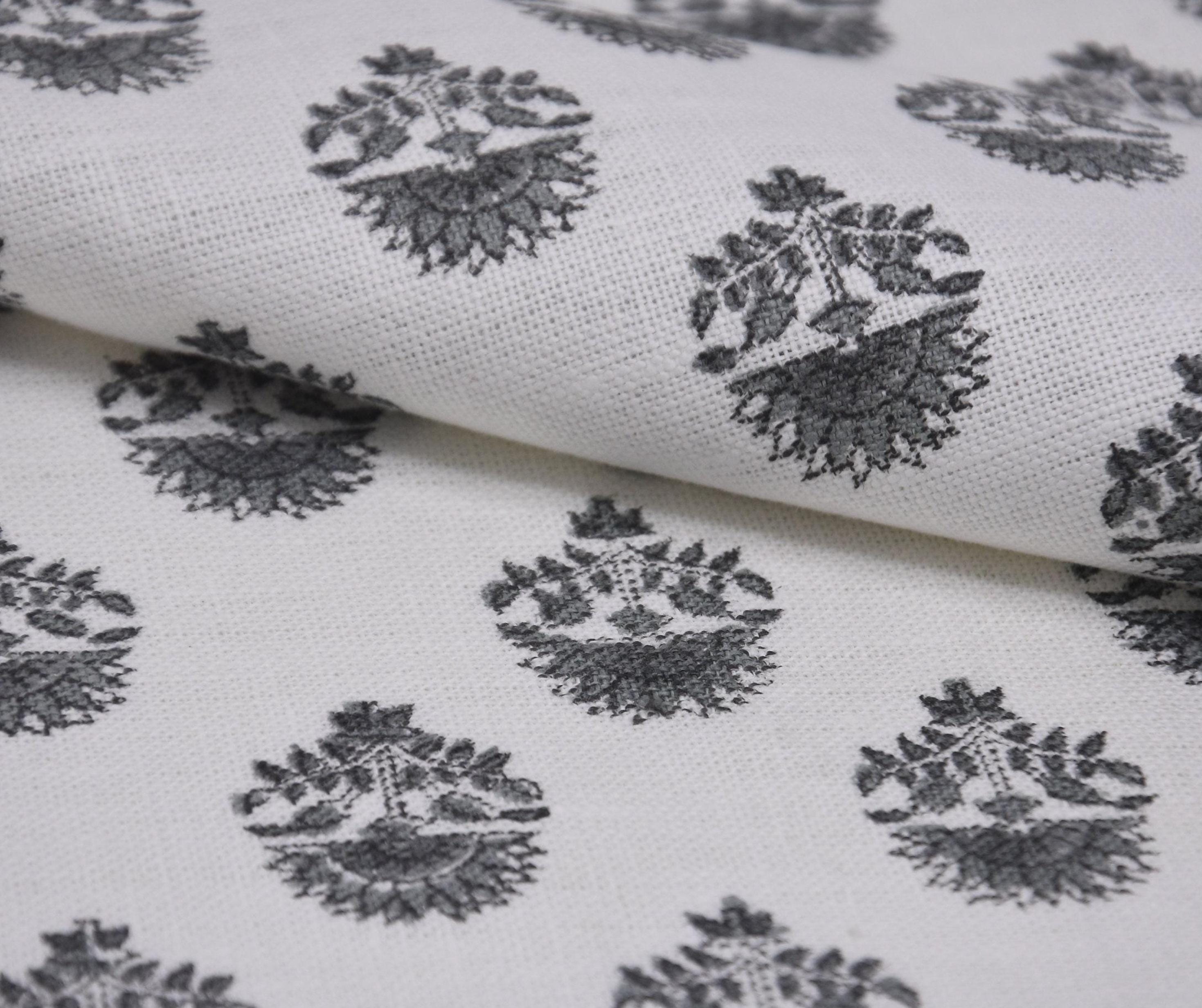 Linen Block Print Fabric Off White linen 58 Inch Width Medium Weight Linen Natural Base Color Curtains and Drapes Upholstery Handmade Art Pillow Covers Bedding Tote Bag Lampshades Napkins by Fabritual
