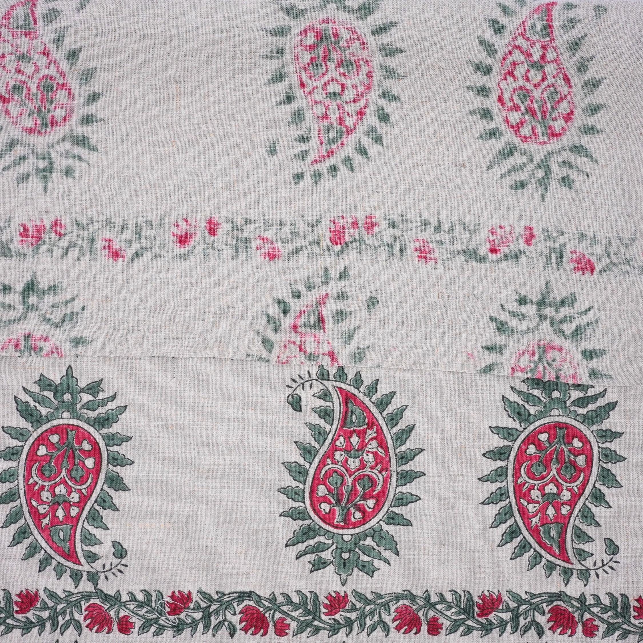 Wooden Block Printed Boho Pink and Gray Decorative Floral Pure Linen Fabric for Curtains - Lakshita