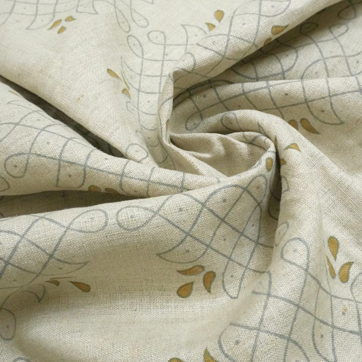 Traditional Block Print on Thick Linen, Great for Upholstery and Home Furnishings Linen Fabric with Ethnic Block Print Design, 58-Inch Width for Versatile Use Heavy Linen for Bedding, Table Covers, and Drapes with Classic Block Print .