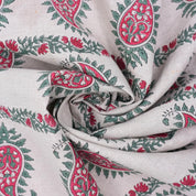 Wooden Block Printed Boho Pink and Gray Decorative Floral Pure Linen Fabric for Curtains - Lakshita