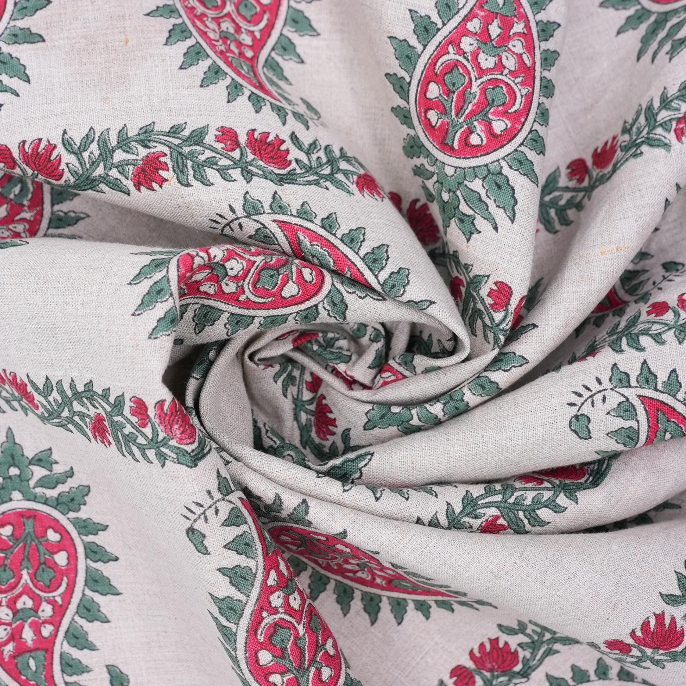 Wooden Block Printed Boho Pink and Gray Decorative Floral Pure Linen Fabric for Curtains - Lakshita