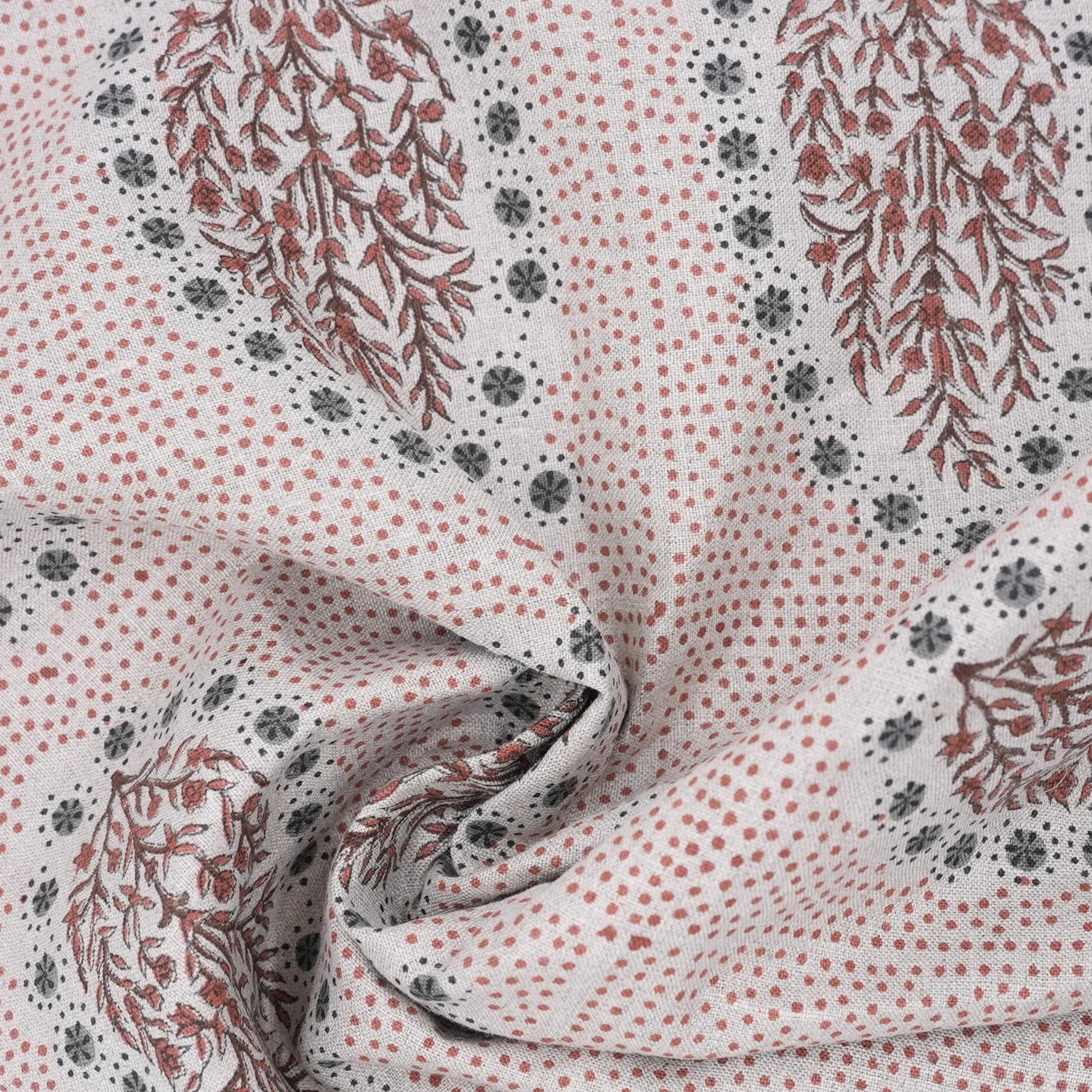 Indian Ancient Block Print Window Curtain Fabric on Natural Linen with Brown and Gray Floral - Vatika Design