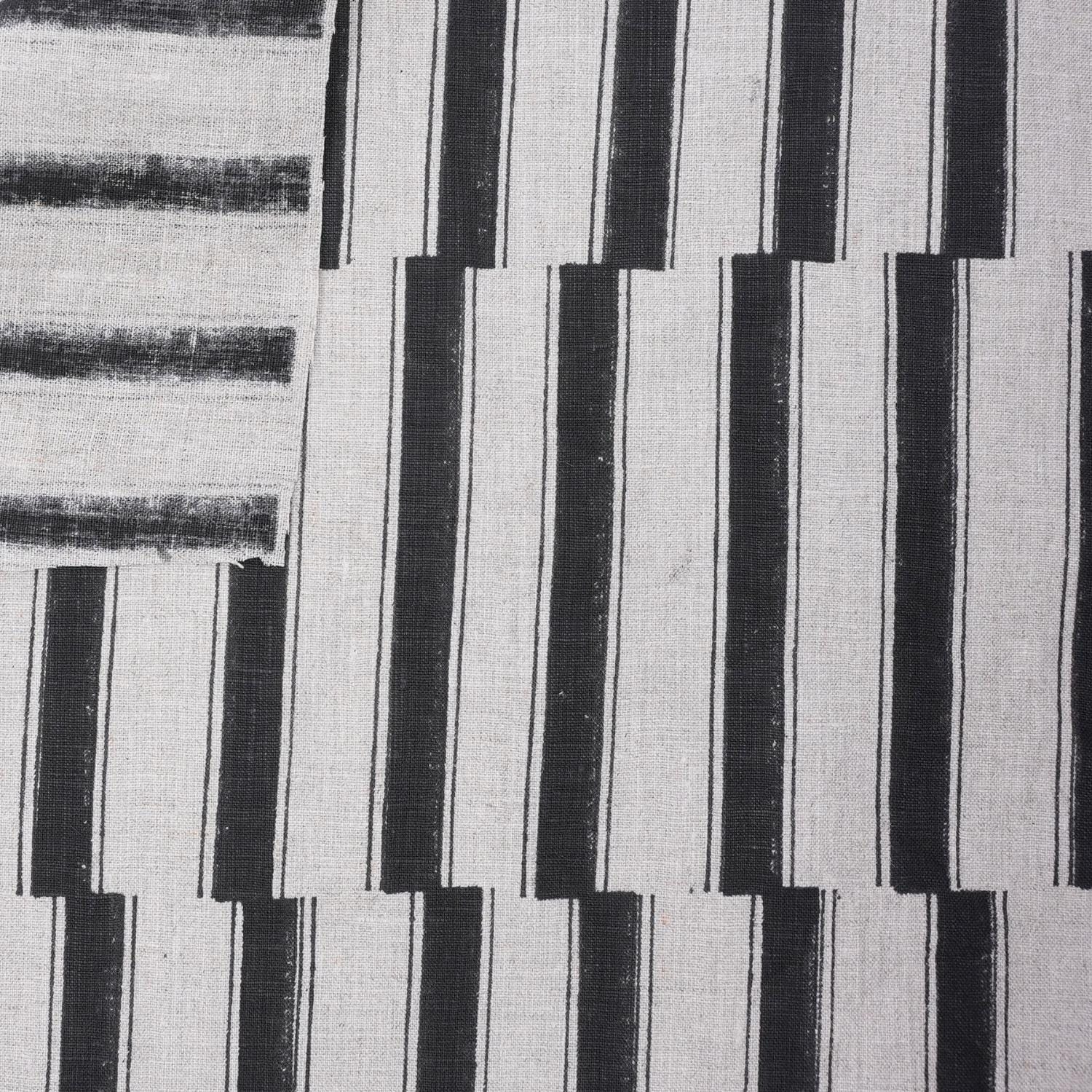 Hand Block Printed Black Stripe Pure Linen Boho Fabric for Curtains & Sofa Covers - Lekh Design