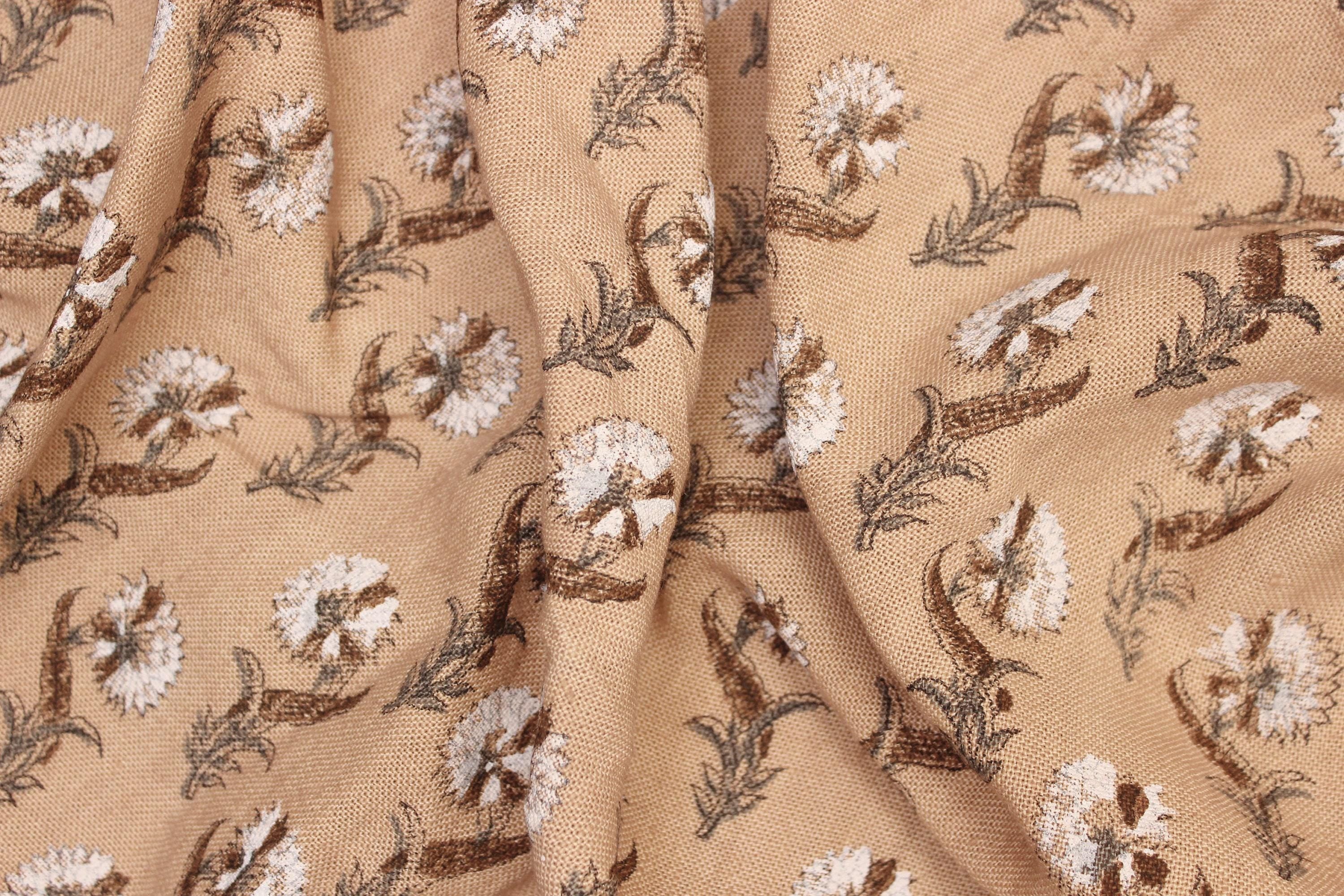 Hand Block Printed Brown and Dark Vanilla Floral Throw Pre Dip Fabric for Farmhouse Decor - Daffodil