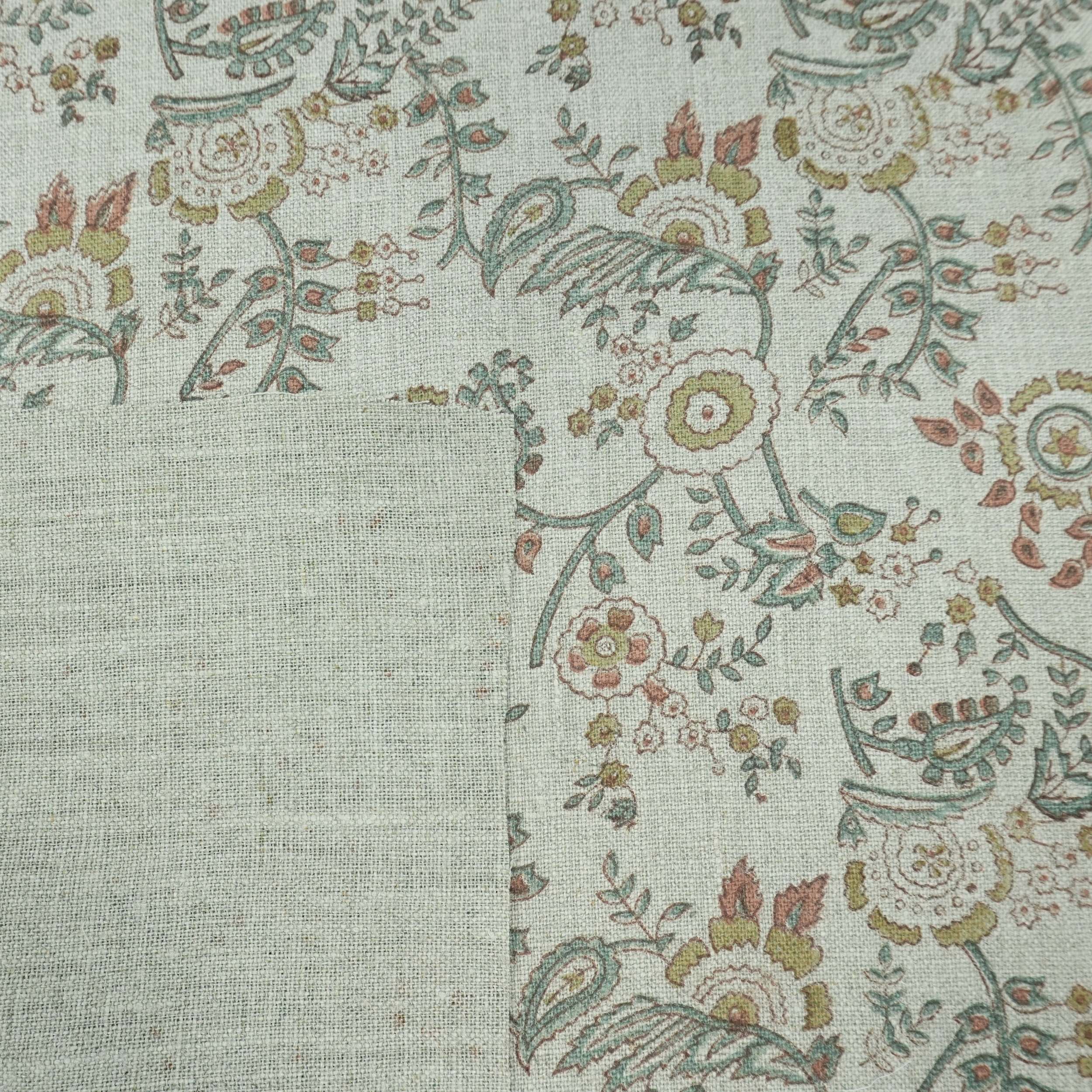 Blue Brown Floral Hand Block Print Linen Arpan Fabric