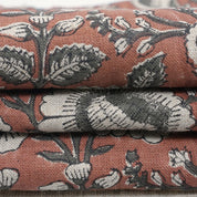 Handcrafted Elegant Red Floral Pure Linen Fabric Sustainable & Soft Sunflower Design
