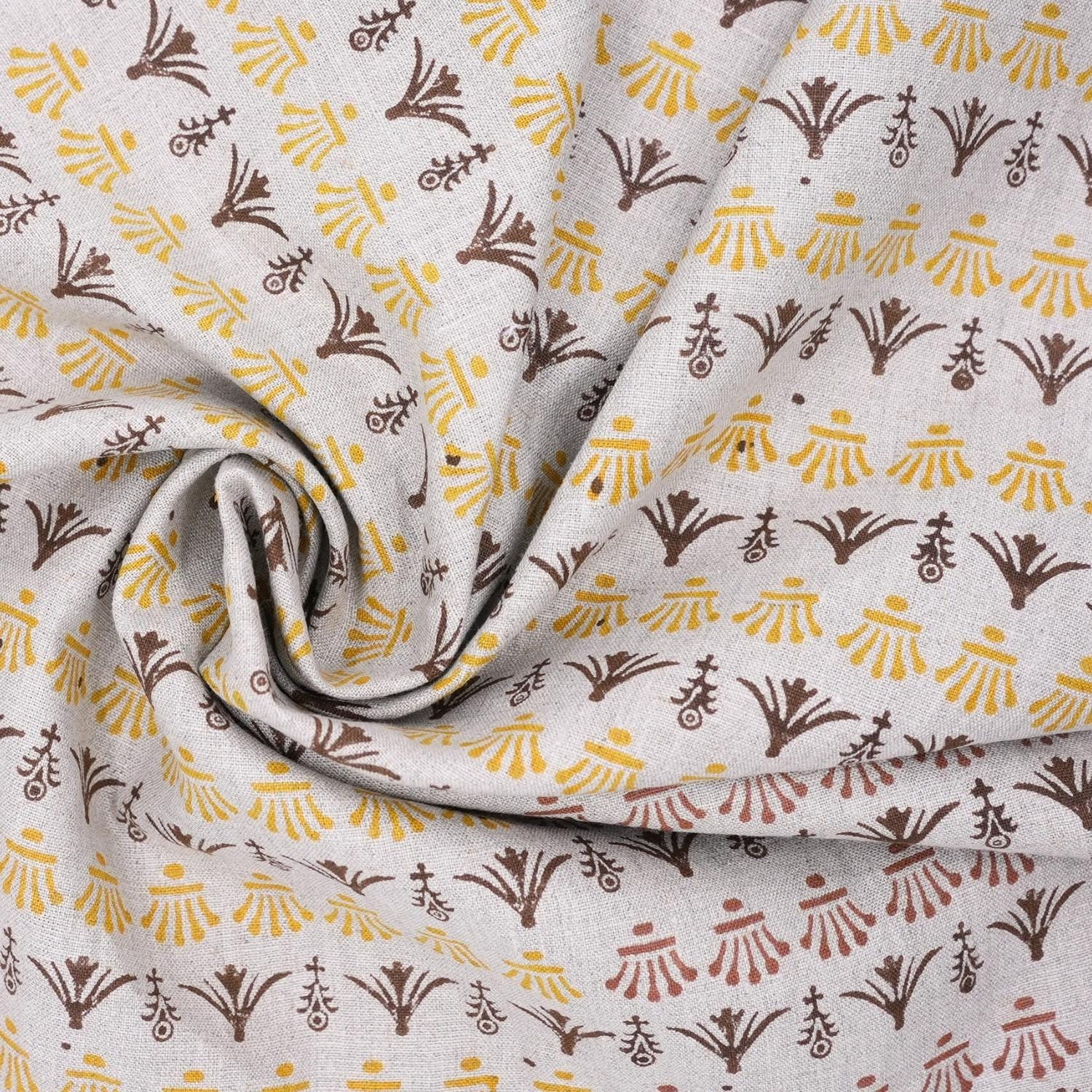 Indian Hand Block Mustard and Brown Floral Fabric on Pure Linen for Tabel Cover - Hastatkala