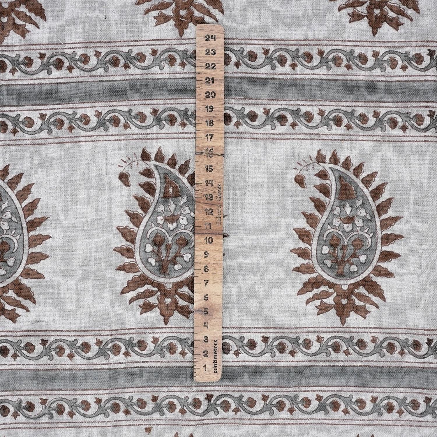 Handcrafted Brown and Gray Floral Cushion Fabric on Pure Linen with Basant Bela Design