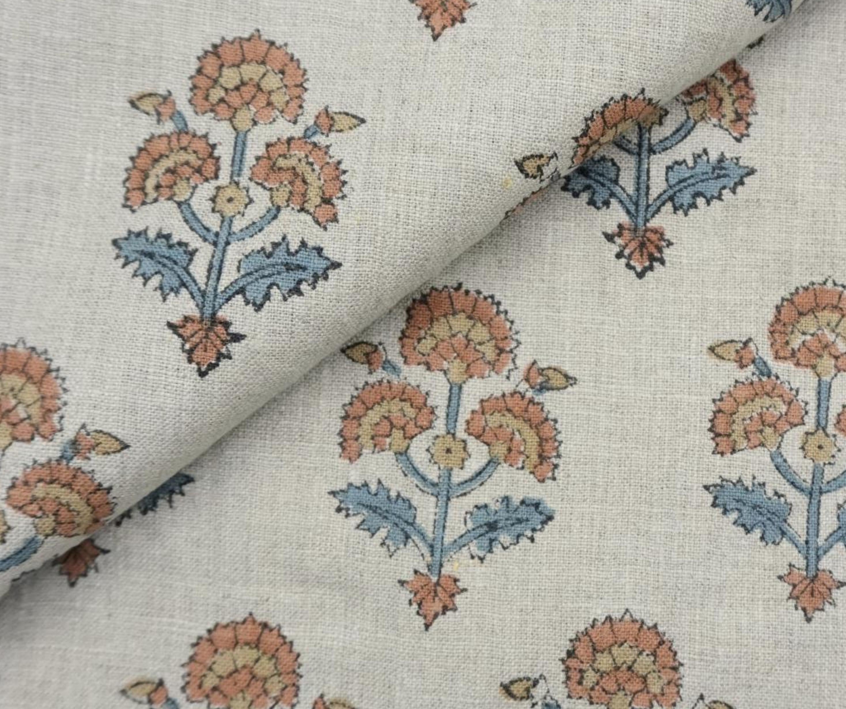 Linen Block Print Fabric 58 Inch Width Medium Weight Linen Natural Base Color Curtains and Drapes Upholstery Handmade Art Pillow Covers Tablecloths and Runners Bedding Tote Bag Lampshades Napkins by Fabritual