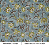Hand Printed Viscose Linen Blueish, Brown & Green Floral Fabric for Table Covers & Napkins - NAAYAB
