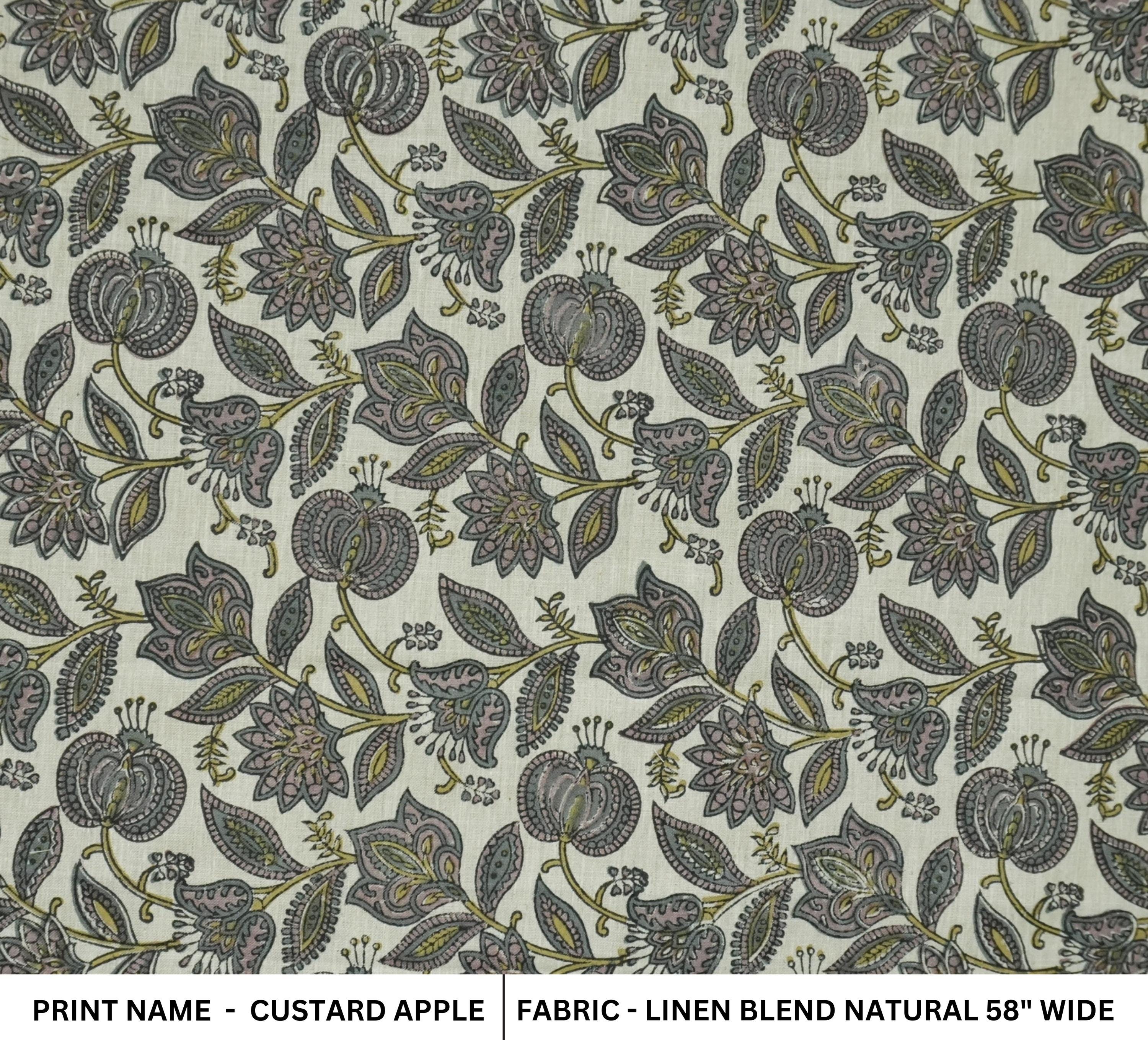 LINEN HAND BLOCK PRINT FLORAL HANDMADE LINEN BY THE YARD DRAPERY LINEN BLEND NATURAL - CUSTARD APPLE