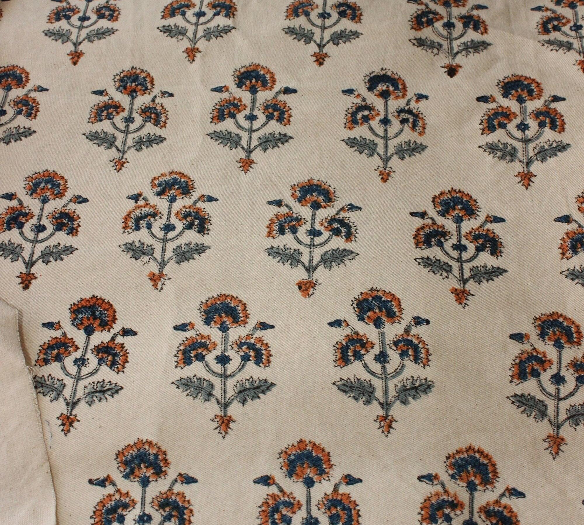 Soft Handloom Cotton Fabric 58 Inch Width with Floral Block Print on Cream Base for Upholstery Drapery Tablecloths Bedding by Fabritual