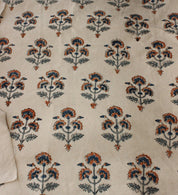 Soft Handloom Cotton Fabric 58 Inch Width with Floral Block Print on Cream Base for Upholstery Drapery Tablecloths Bedding by Fabritual