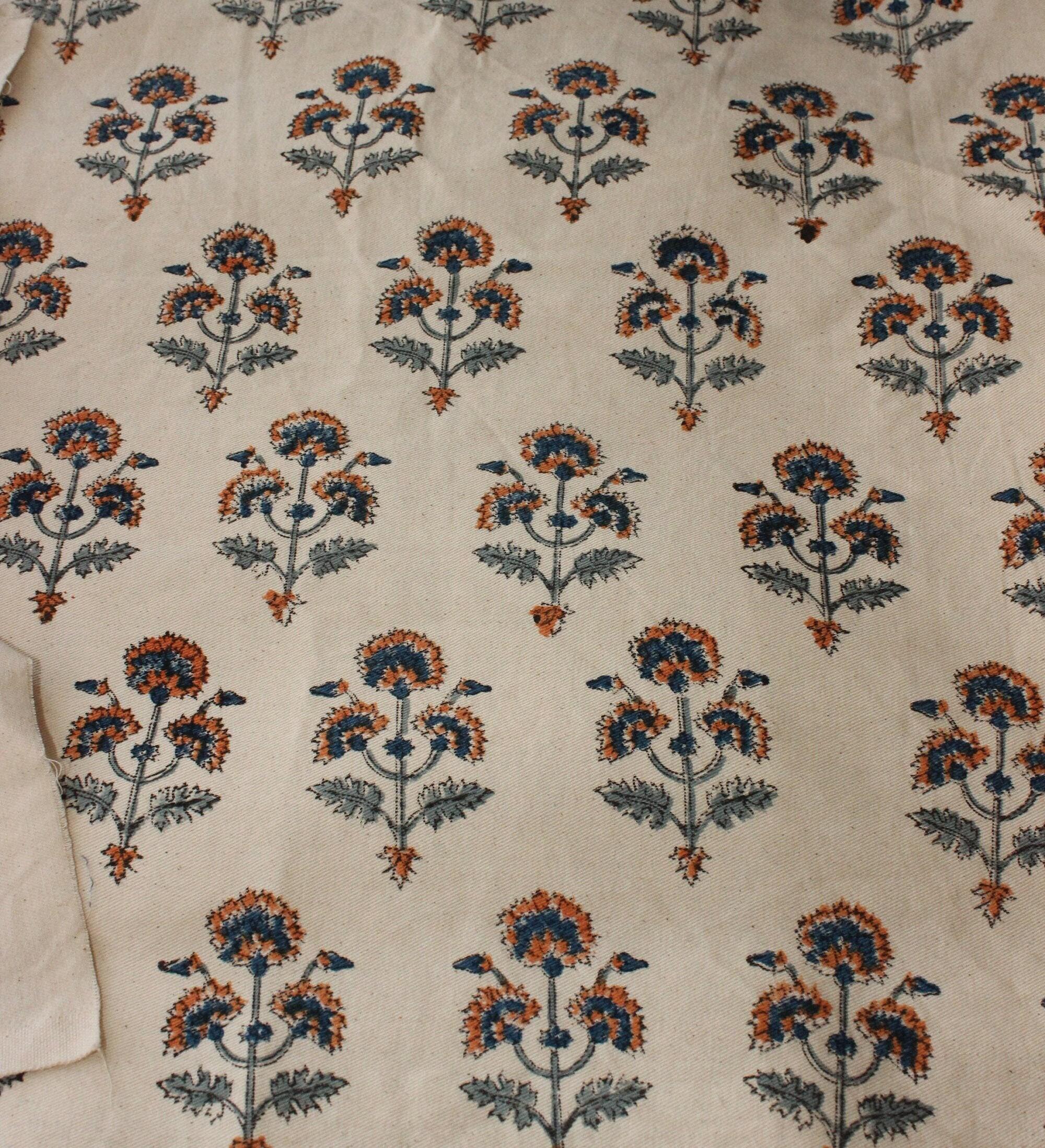 Soft Handloom Cotton Fabric 58 Inch Width with Floral Block Print on Cream Base for Upholstery Drapery Tablecloths Bedding by Fabritual