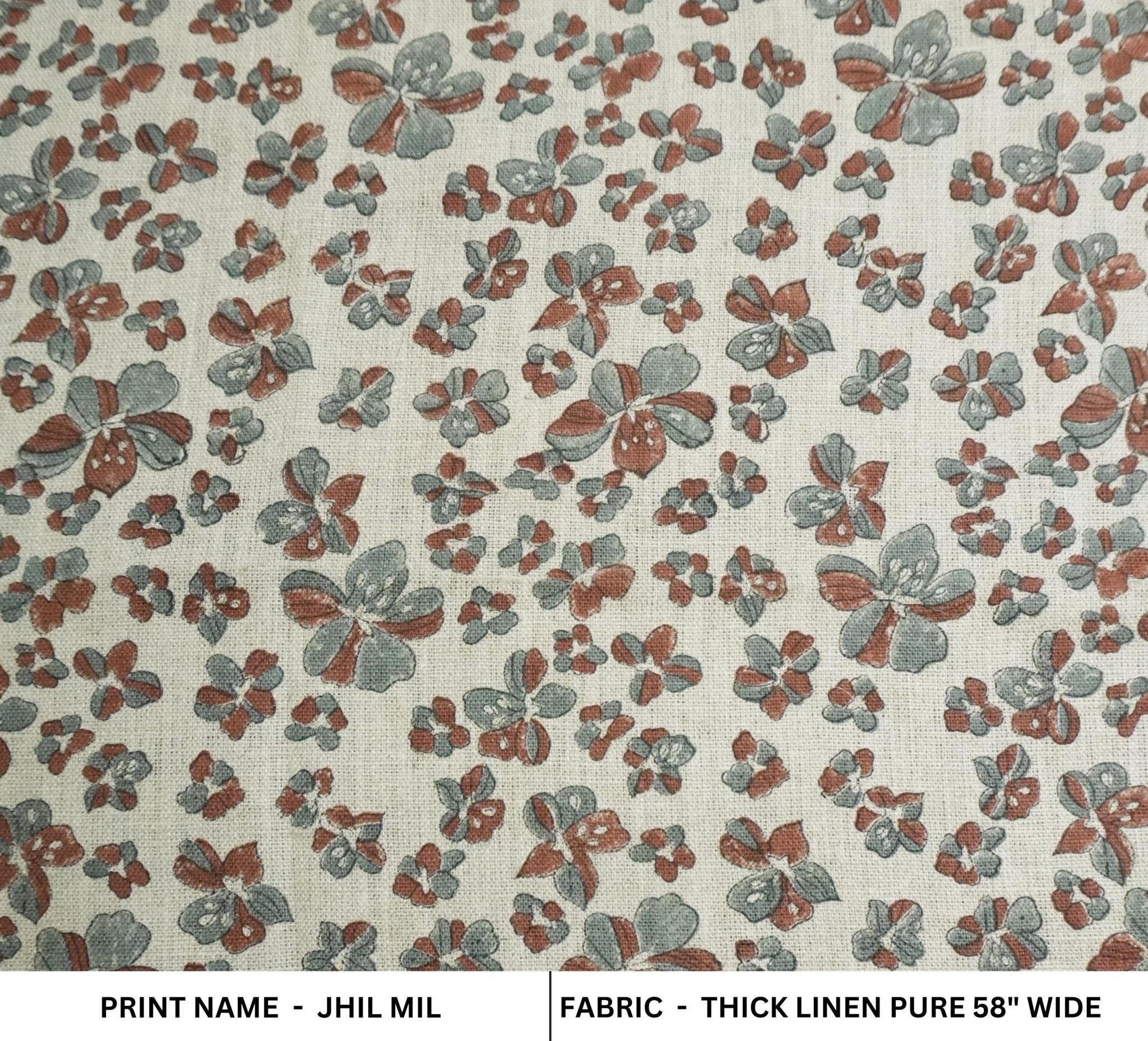 Hand-stamped Block Printed Premium Thick Linen Pure Fabric Pastel Gray and Coffee Floral - Jhil Mil