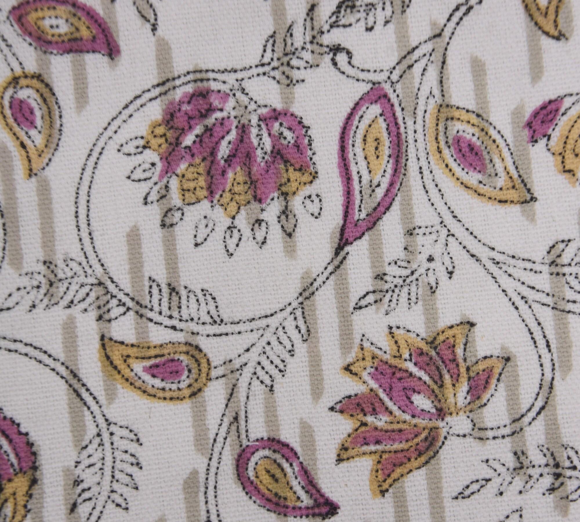 Linen Block Print Fabric Thick Cotton White 60 Inch Width Medium Weight Linen White Base Color Curtains and Drapes Upholstery Handmade Art Pillow Covers Bedding Tote Bag Lampshades Napkins by Fabritual